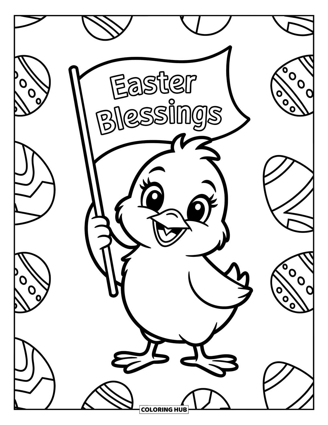 Kolorowanka Wielkanocna dla dzieci: Wesołe kurczątko trzyma małą flagę z napisem "Easter Blessings", otoczone zabawnymi wzorami wielkanocnymi
