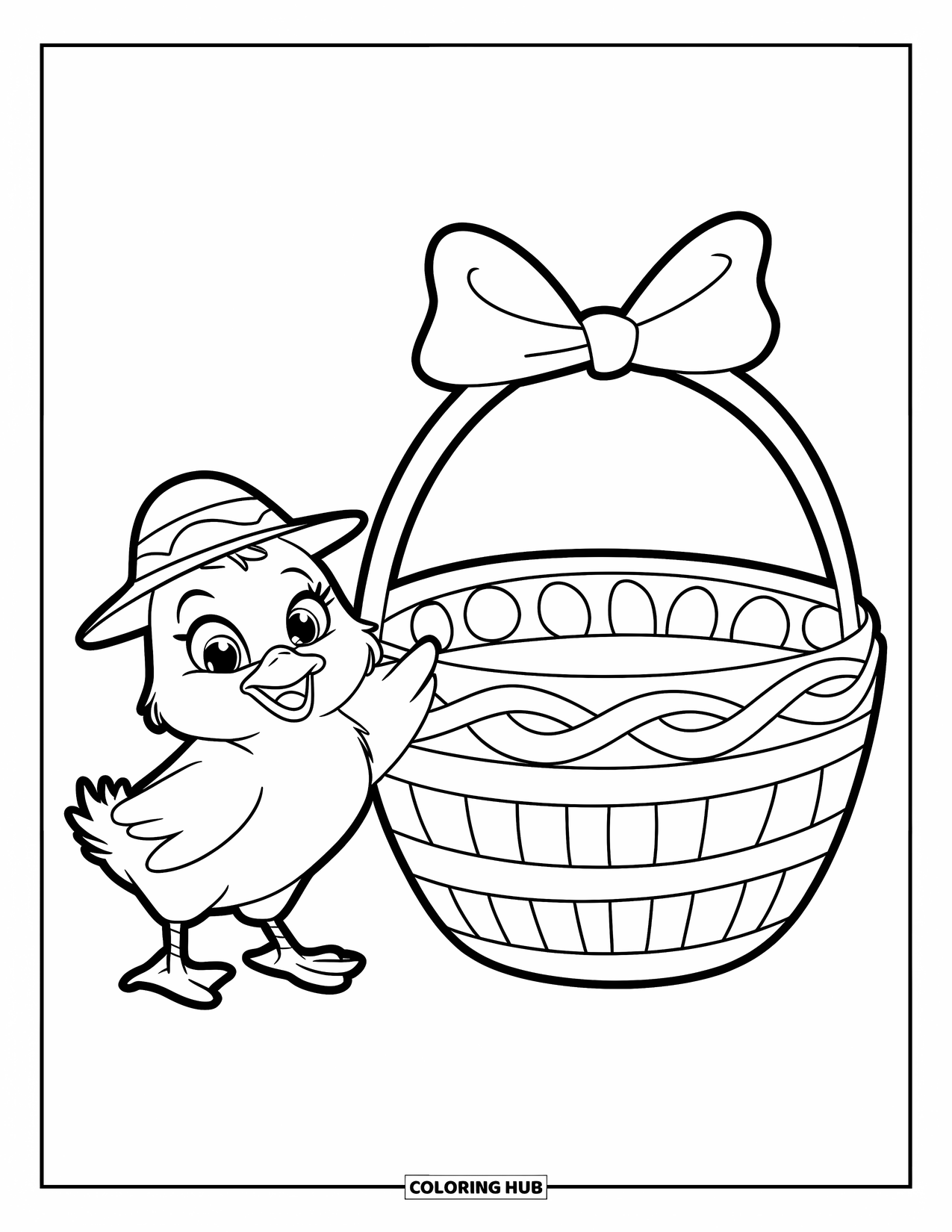 Kolorowanka Wielkanocna dla dzieci: Kurczątko w małym kapeluszu stoi obok dużego koszyka wielkanocnego z kokardą na górze