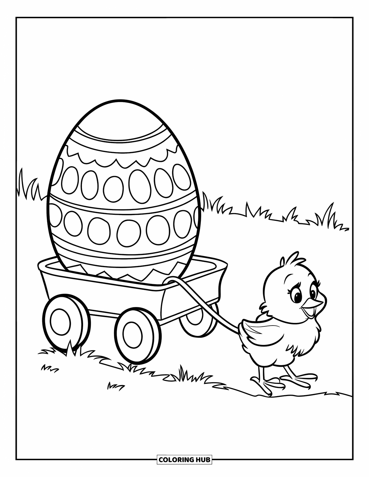 Kolorowanka Wielkanocna dla dzieci: Kurczątko ciągnie wózek z dużym jajem wielkanocnym przez trawiaste pole