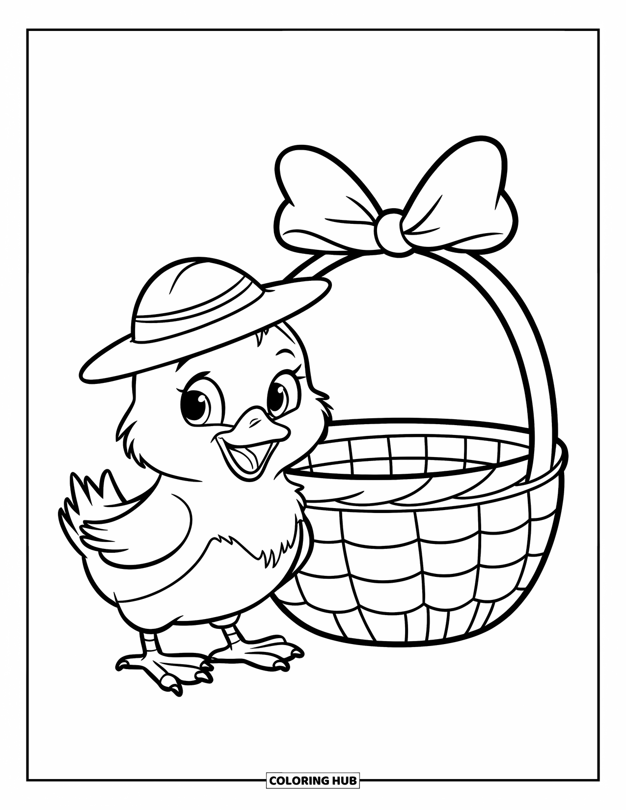 Kolorowanka Wielkanocna dla dzieci: Kurczątko z małym kapeluszem stoi obok dużego koszyka wielkanocnego zawiązanego kokardą