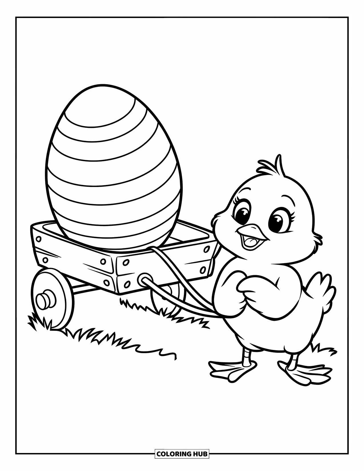 Kolorowanka Wielkanocna dla dzieci: Kurczątko z okrągłym ciałem ciągnie drewniany wózek z dużym jajem wielkanocnym w środku