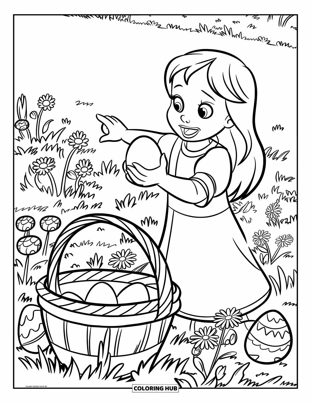 Kolorowanka wielkanocna dla dzieci: Dziecko z podekscytowaniem wskazuje na ukryty koszyk wielkanocny wśród polnych kwiatów, trzymając jajko
