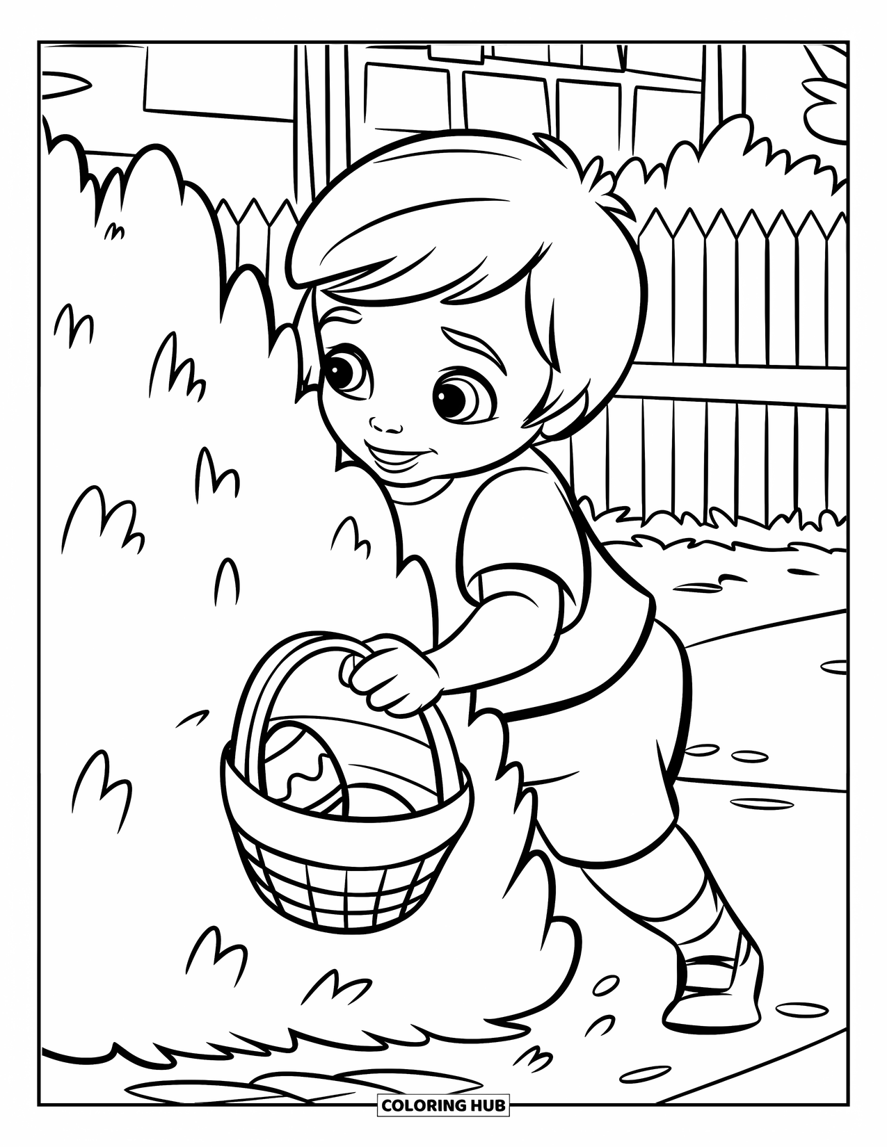 Kolorowanka Wielkanocna dla dzieci: Dziecko z koszykiem wielkanocnym wygląda zza krzaka, szukając jajka w pobliżu płotu sztachetowego