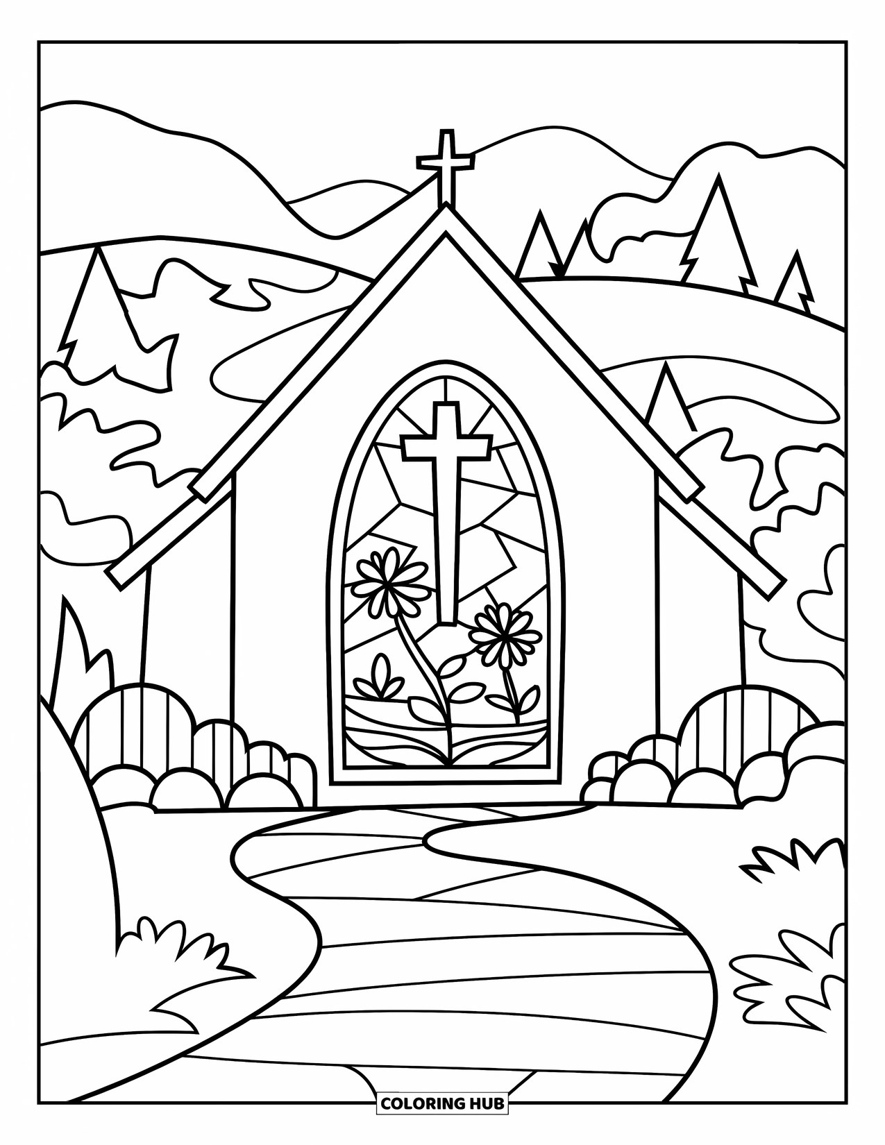 Kolorowanka Wielkanocna dla dzieci: Kościół z wysoką wieżą stoi na końcu krętej ścieżki, otoczony drzewami i wzgórzami