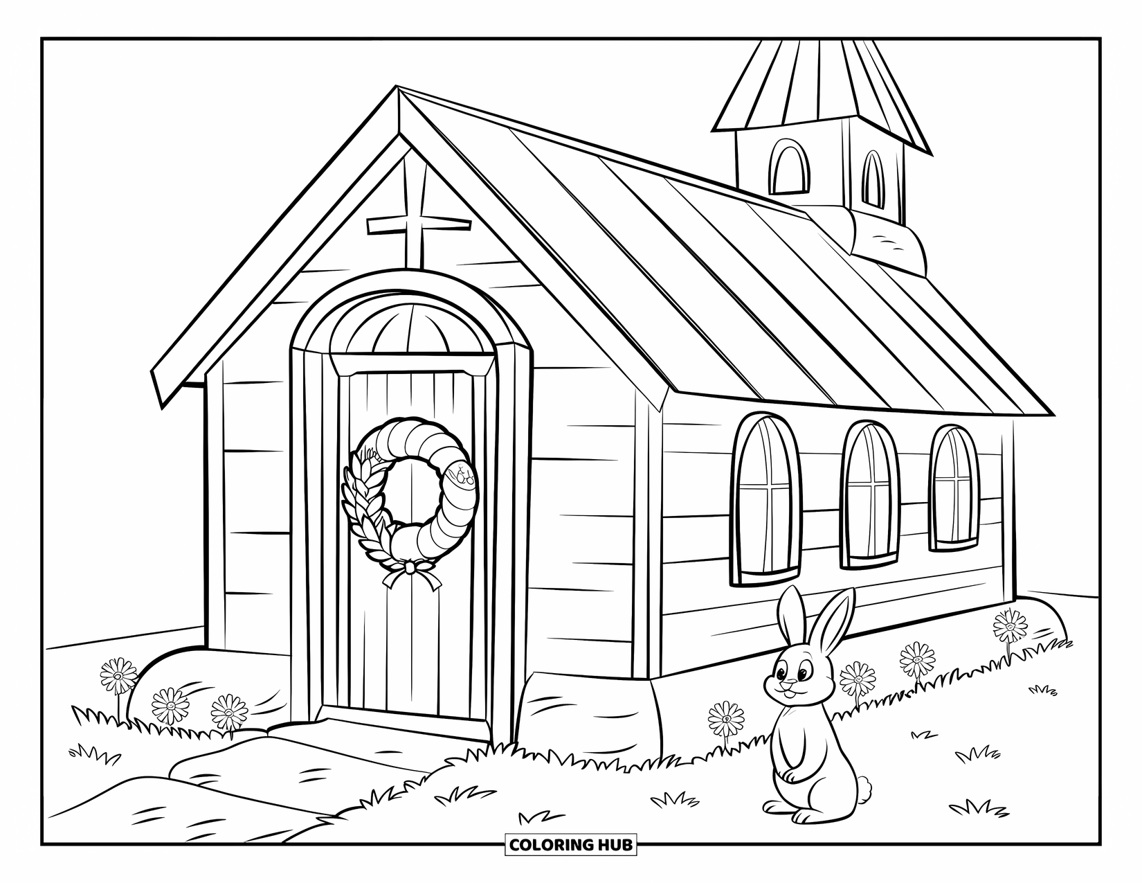 Kolorowanka Wielkanocna dla dzieci: Przytulny drewniany kościół z wieżą i wieńcem wielkanocnym, z króliczkiem odpoczywającym w pobliżu