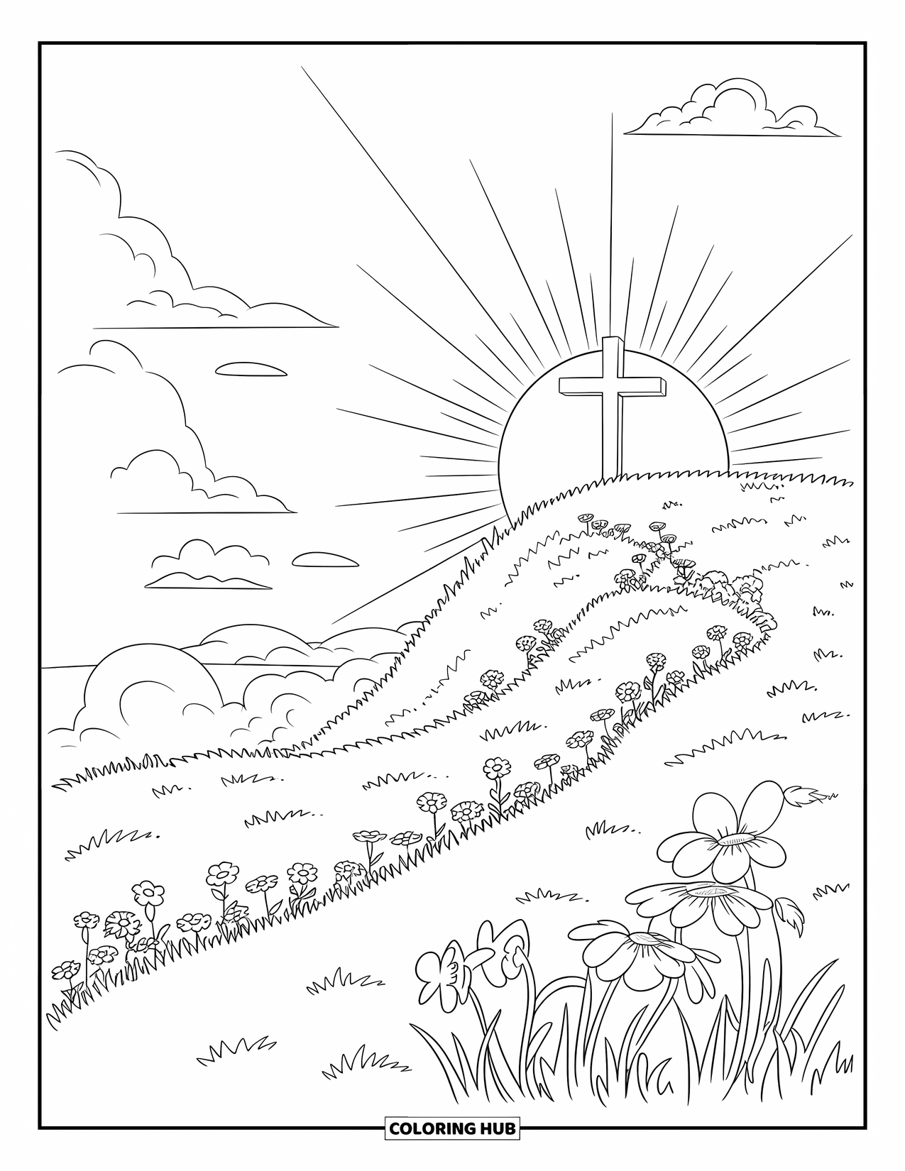 Kolorowanka Wielkanocna dla dzieci: Krzyż na szczycie pokrytego kwiatami wzgórza, ze świecącym wschodem słońca i dryfującymi chmurami na niebie