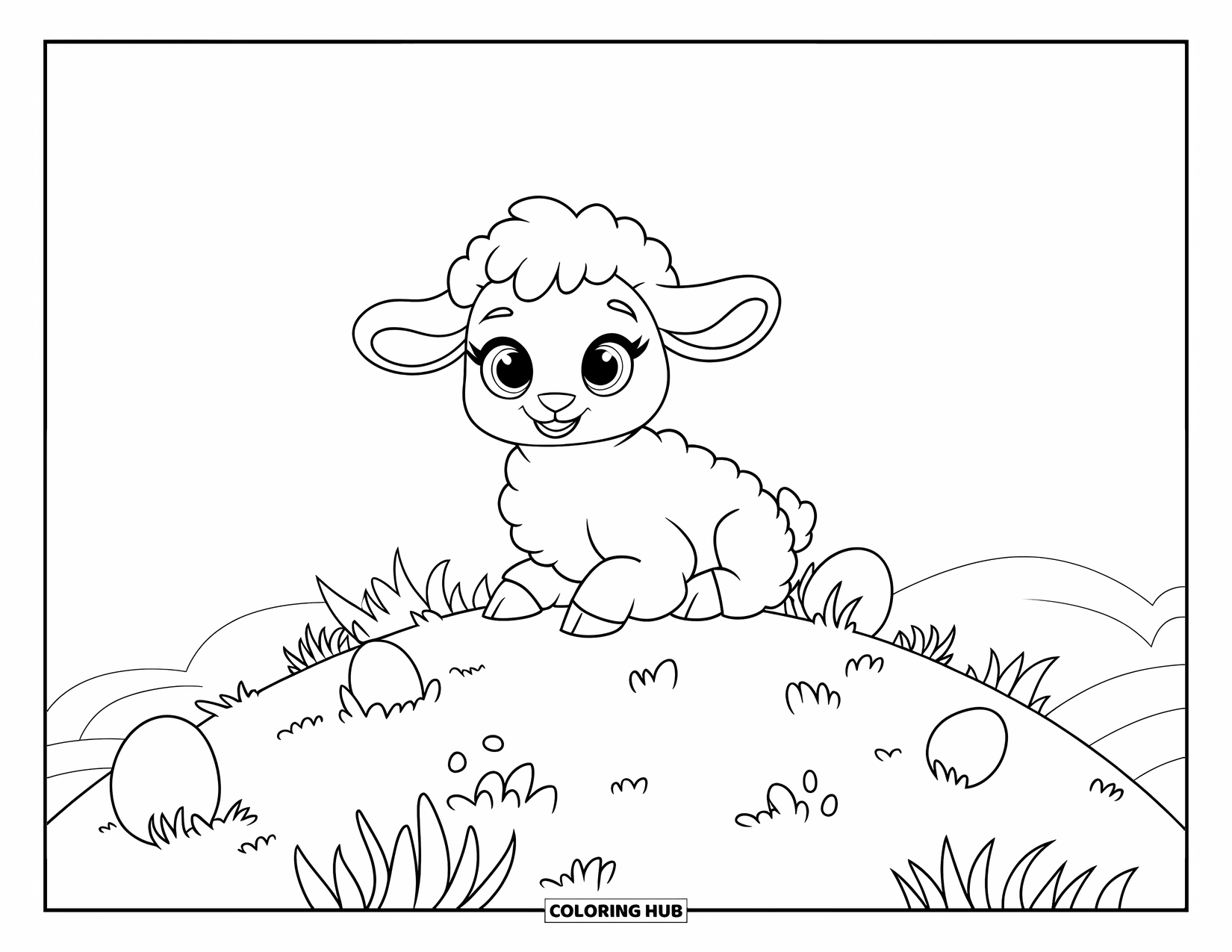 Kolorowanka wielkanocna dla dzieci: Uroczy baranek z dużymi oczami siedzi na wzgórzu z rozrzuconymi jajkami i kwiatami