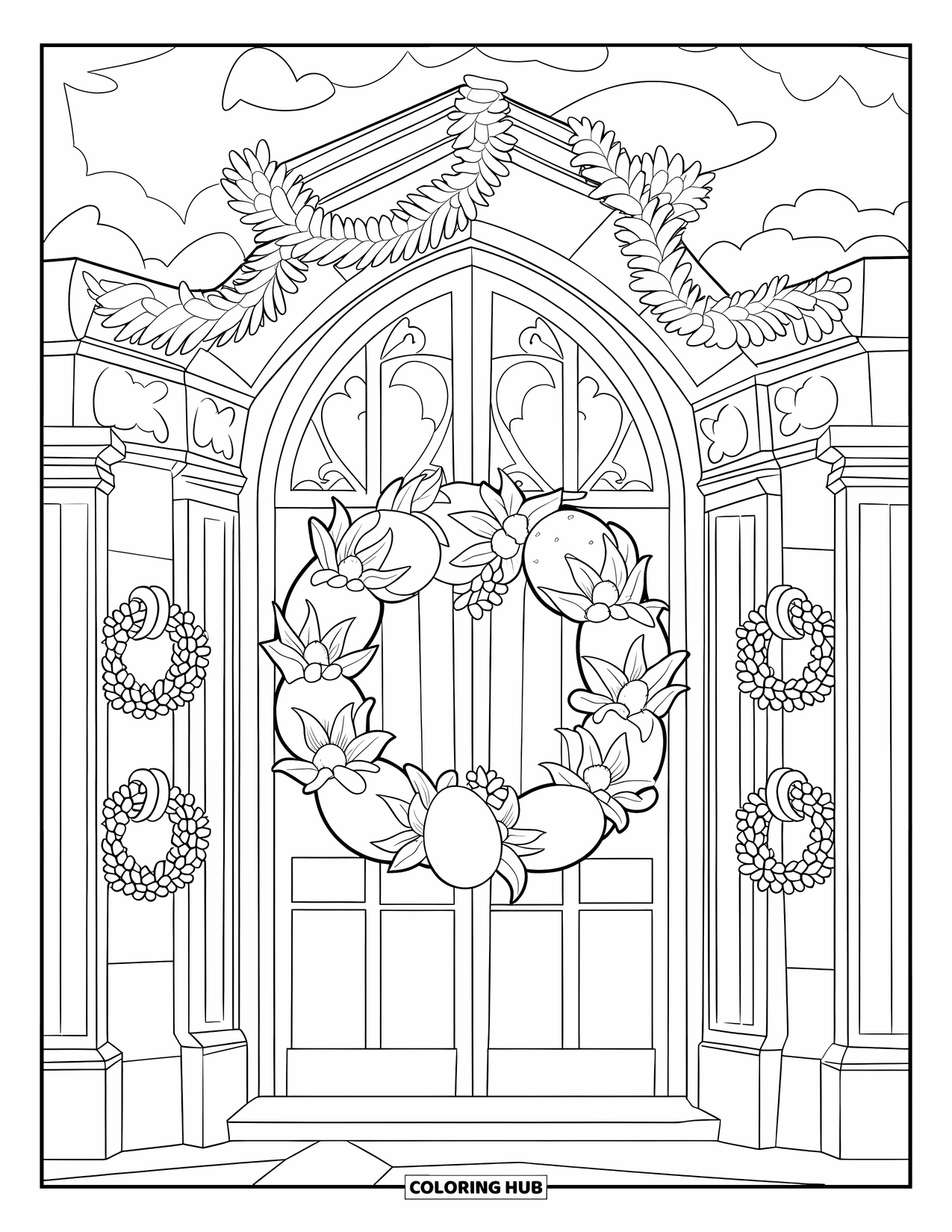 Kolorowanka Wielkanocna dla dzieci: Ozdobione drzwi kościoła z wieńcem wielkanocnym, otoczone kamiennymi filarami i delikatnymi girlandami