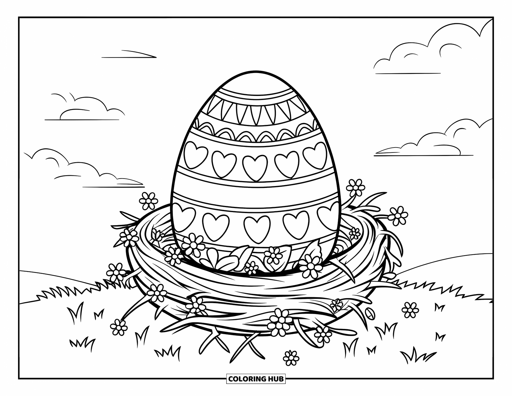 Kolorowanka wielkanocna dla dzieci: Ozdobione jajko wielkanocne leży w gnieździe z gałązek, otoczone kwitnącymi wiosennymi kwiatami pod czystym niebem