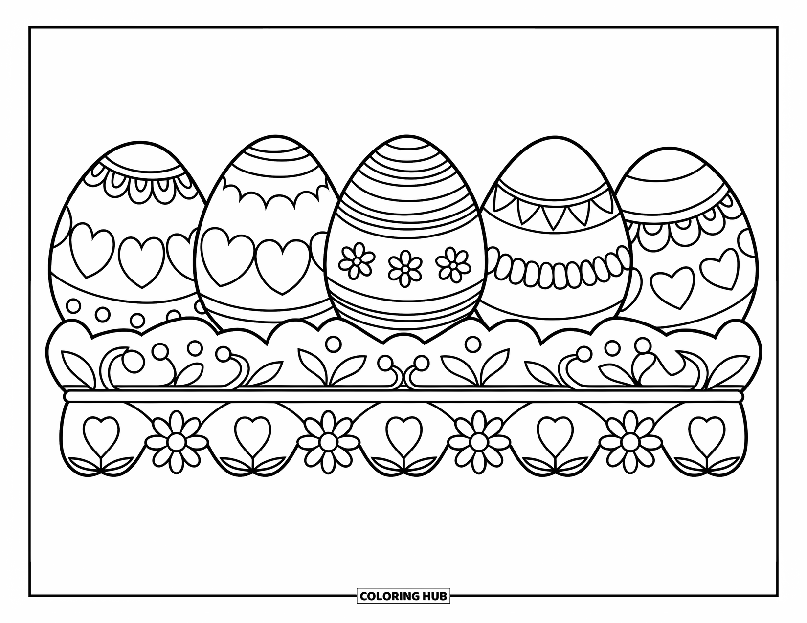 Kolorowanka wielkanocna dla dzieci: Ozdobny baner z wzorzystymi jajkami wielkanocnymi, otoczony kwiatowymi wzorami i zabawnymi detalami