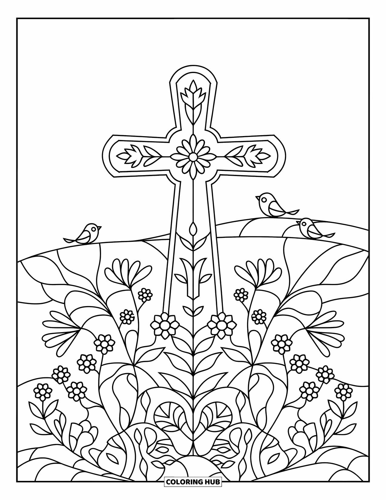 Kolorowanka Wielkanocna dla dzieci: Szczegółowy krzyż wielkanocny w witrażu, umieszczony na wzgórzu, otoczony kwiatami i przysiadłymi ptakami