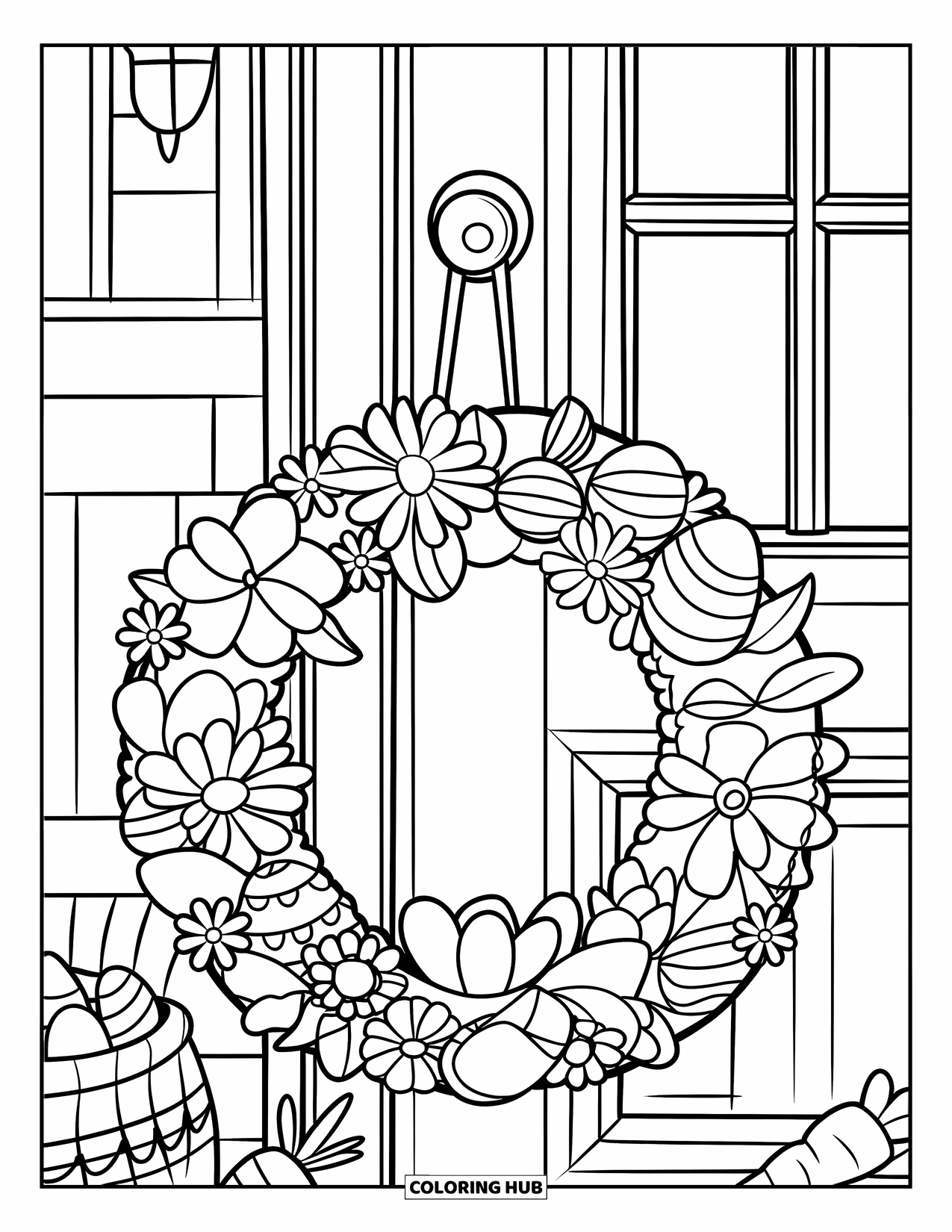 Kolorowanka Wielkanocna dla dzieci: Kwiatowy wieniec wielkanocny z odciskami łap królika wisi na drzwiach, z koszykiem jajek i marchewką w pobliżu