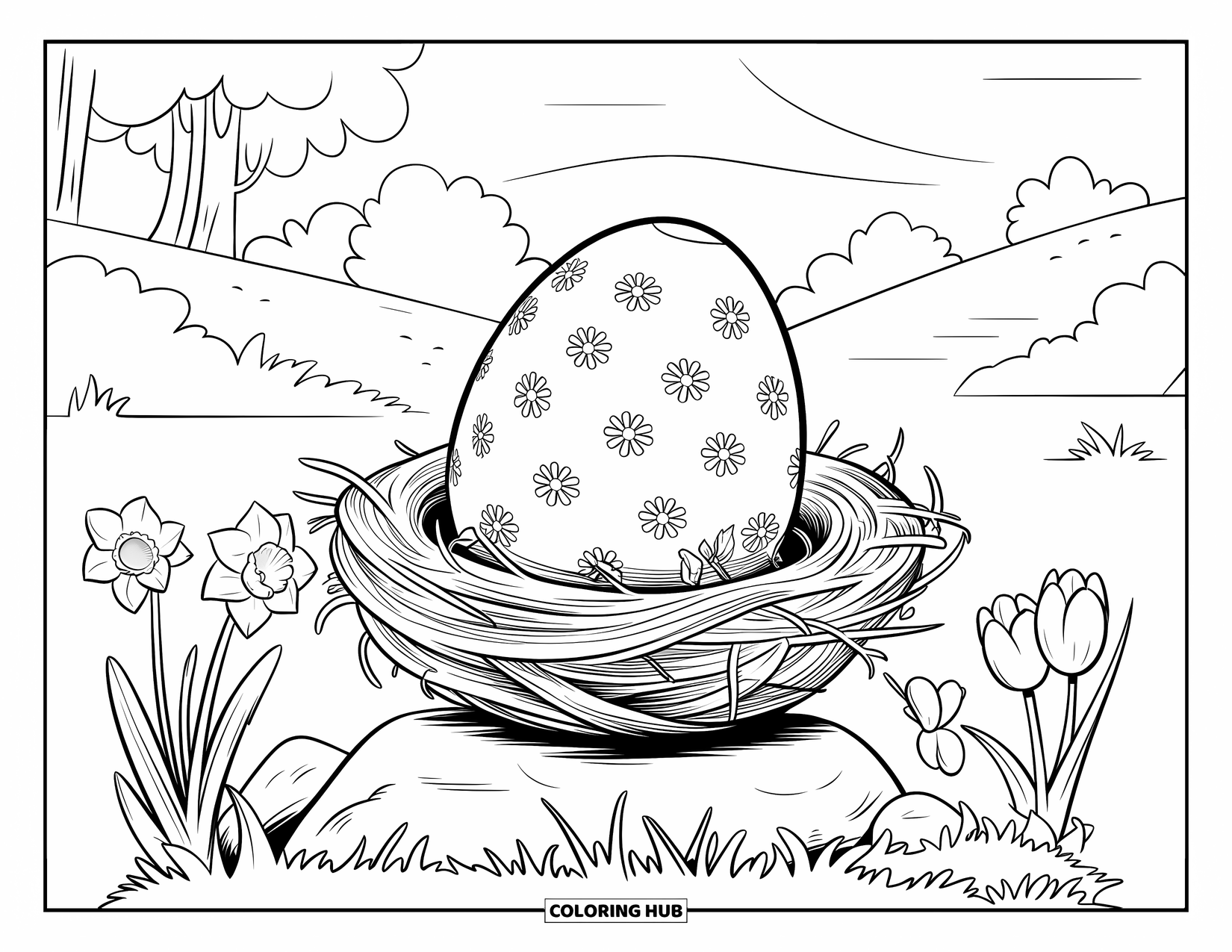 Kolorowanka Wielkanocna dla dzieci: Jajko wielkanocne we wzory kwiatowe leży w gnieździe z gałązek, otoczone żonkilami i tulipanami