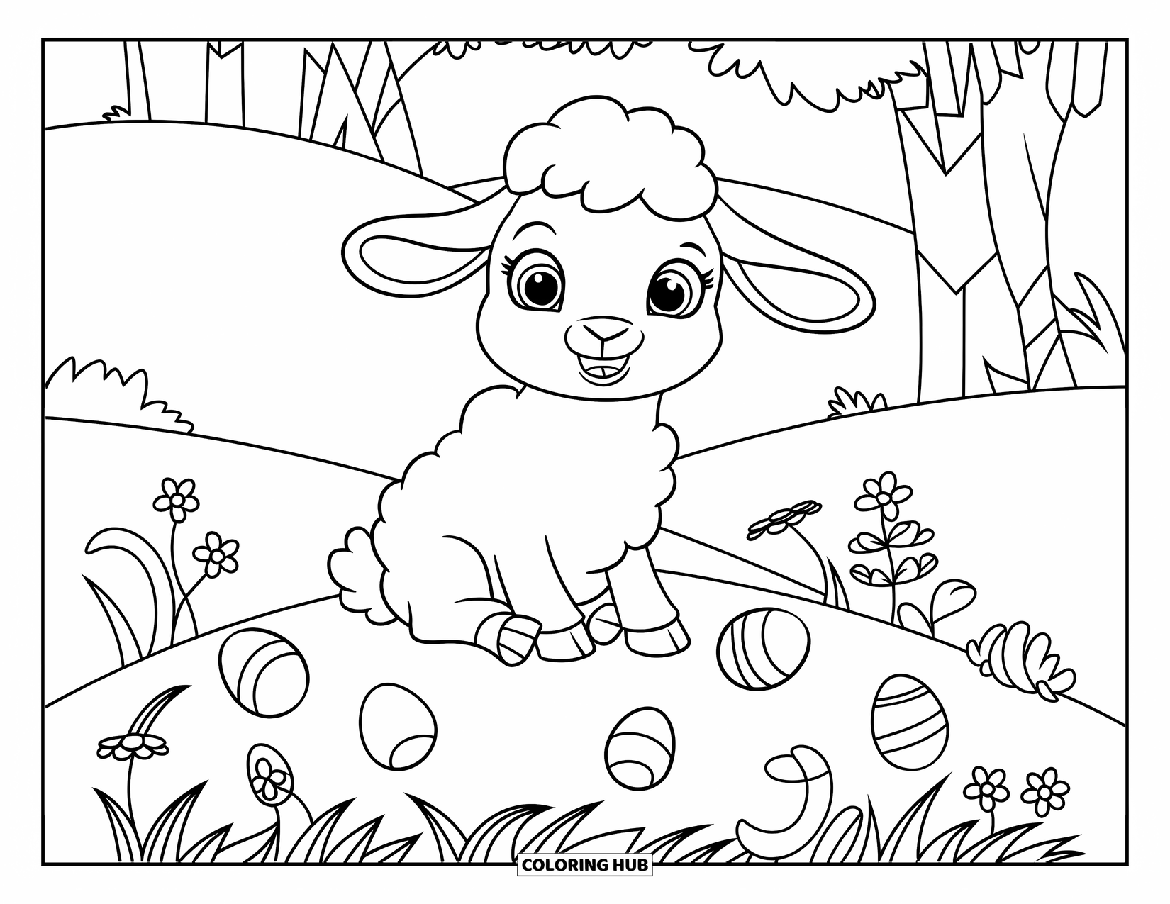 Kolorowanka wielkanocna dla dzieci: Puszysty baranek siedzi na wzgórzu z jajkami w pobliżu, otoczony drzewami i kwiatami