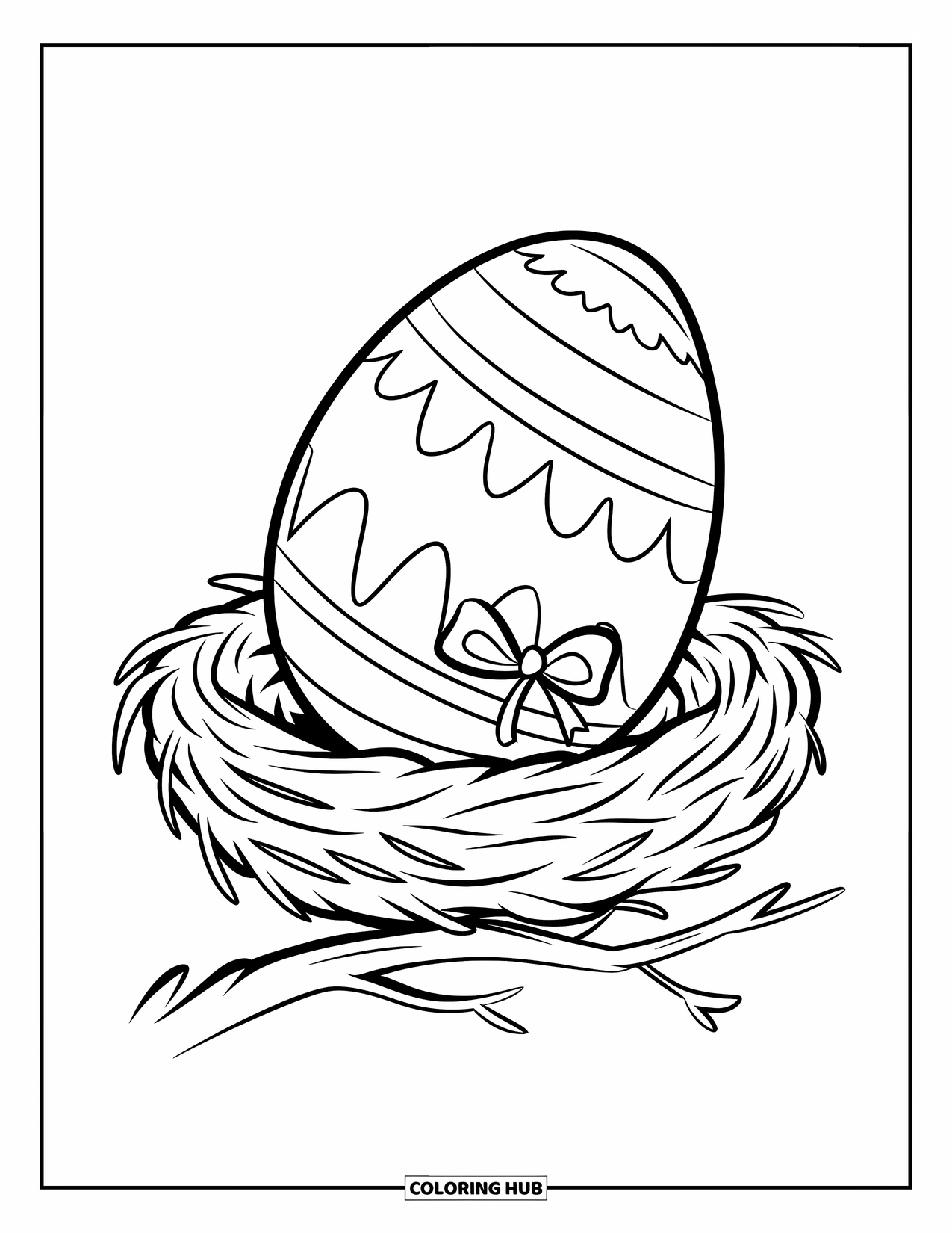 Kolorowanka wielkanocna dla dzieci: Gigantyczne jajko wielkanocne ze wstążką leży w gnieździe na gałęzi