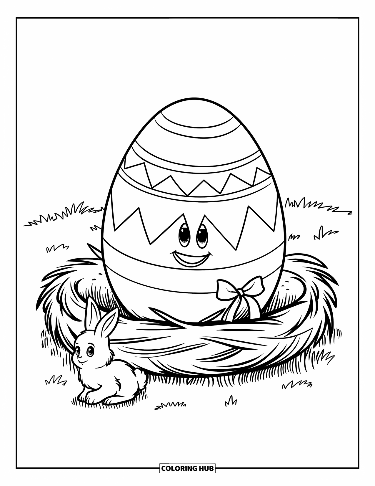 Kolorowanka Wielkanocna dla dzieci: Gigantyczne jajo wielkanocne z uśmiechniętą twarzą siedzi w gnieździe, z króliczkiem w pobliżu