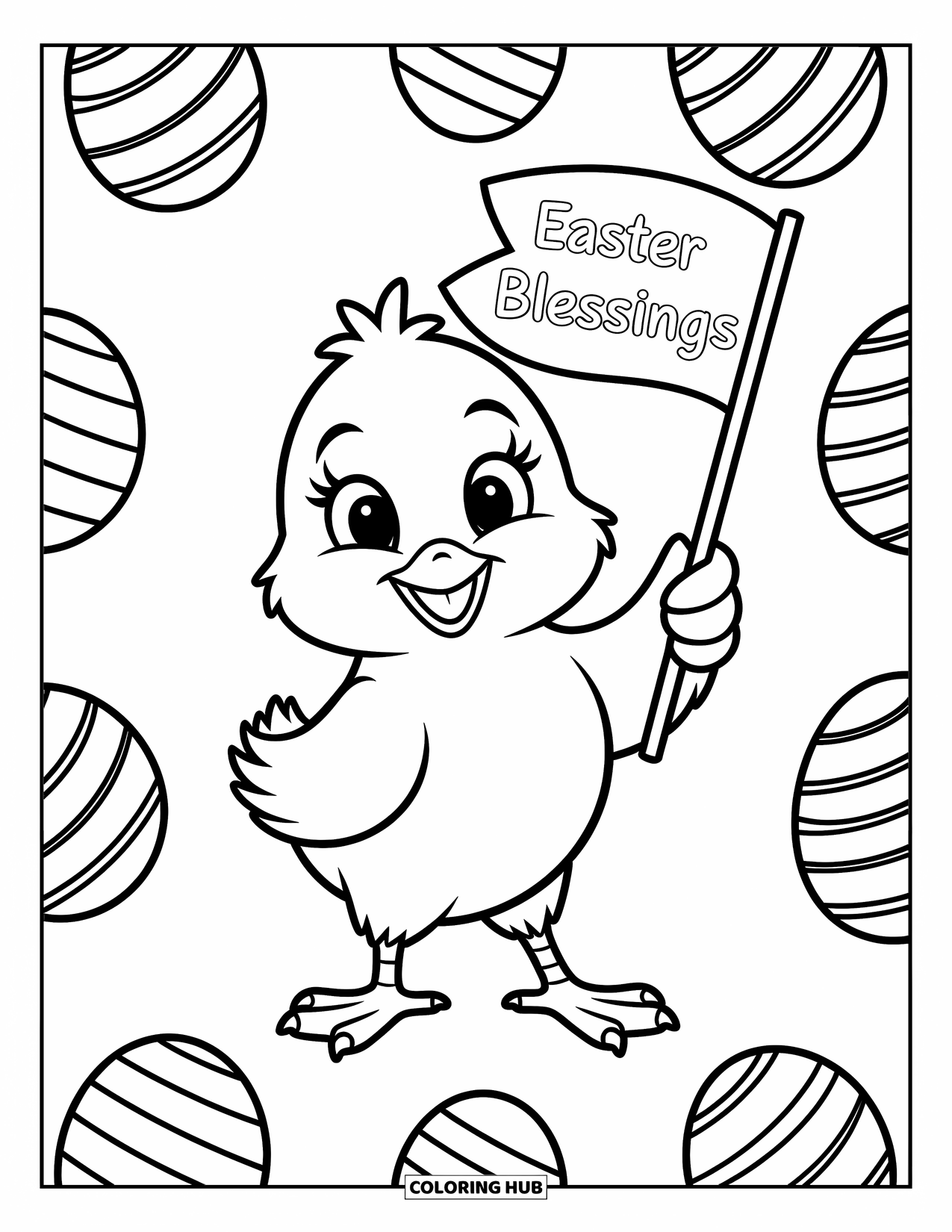 Kolorowanka Wielkanocna dla dzieci: Radosne kurczątko stoi dumnie z flagą "Easter Blessings", z jajkami wielkanocnymi i króliczkami w pobliżu
