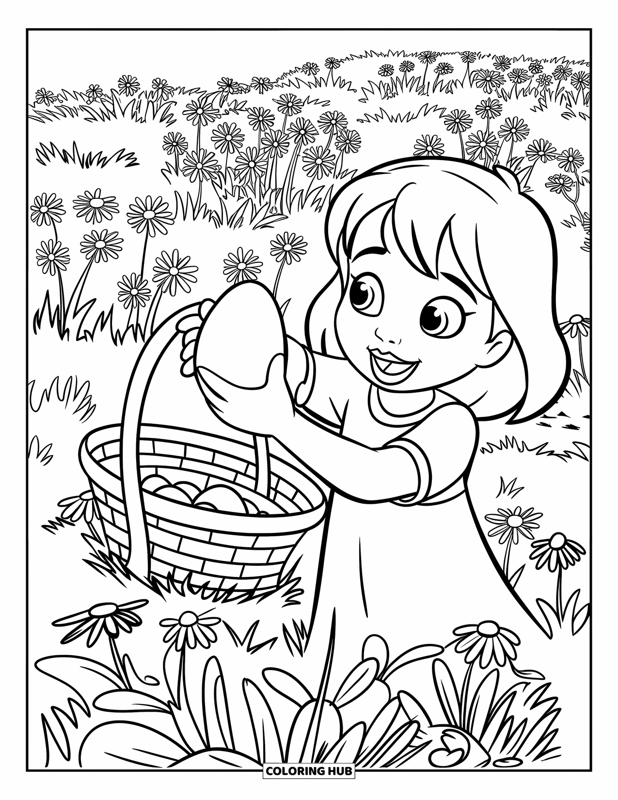 Kolorowanka Wielkanocna dla dzieci: Radosne dziecko z jajkiem podekscytowane wskazuje na ukryty koszyk wielkanocny wśród kwitnących kwiatów