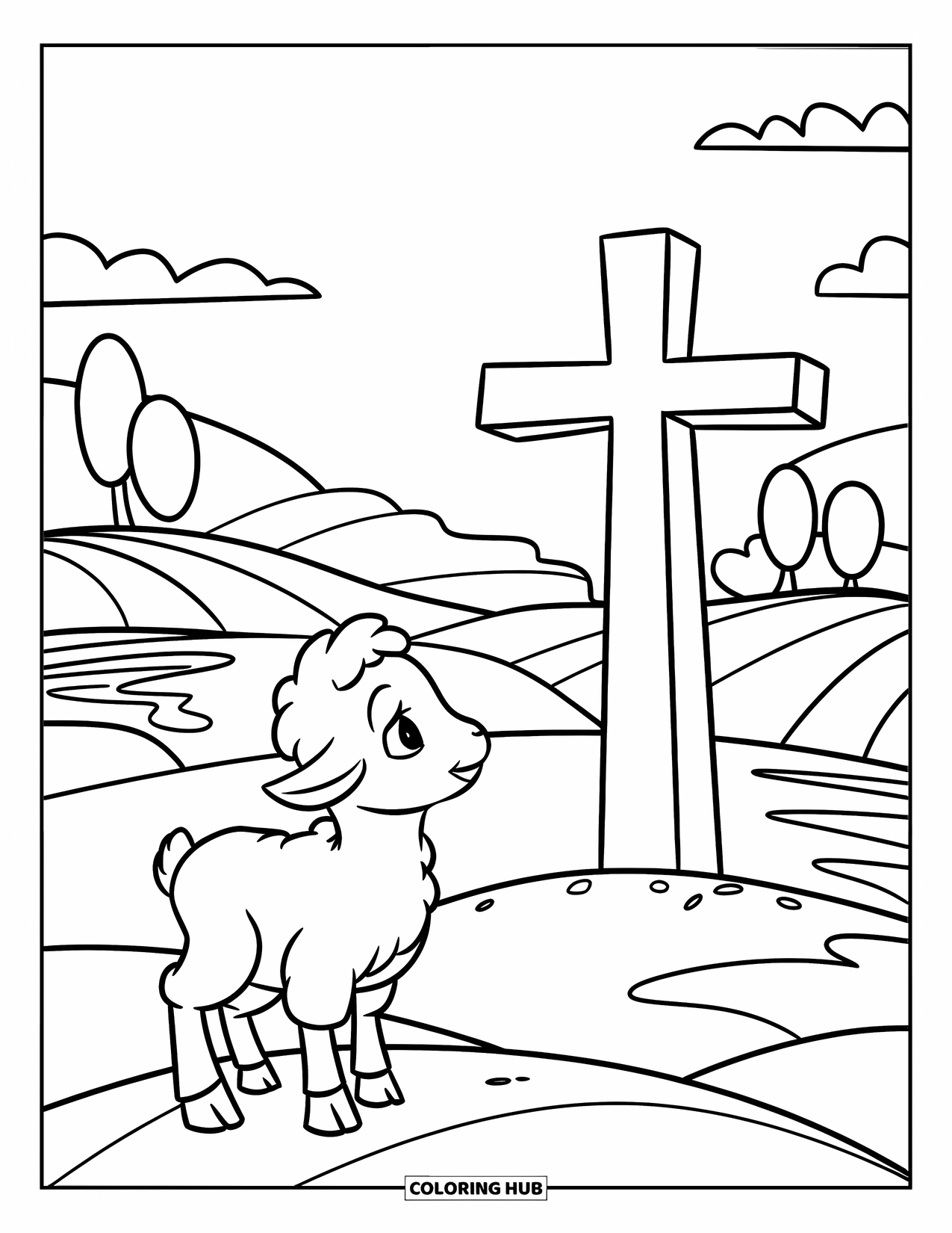 Kolorowanka Wielkanocna dla dzieci: Owieczka na spokojnym wzgórzu spogląda w kierunku świecącego krzyża, z wodą i chmurami w tle