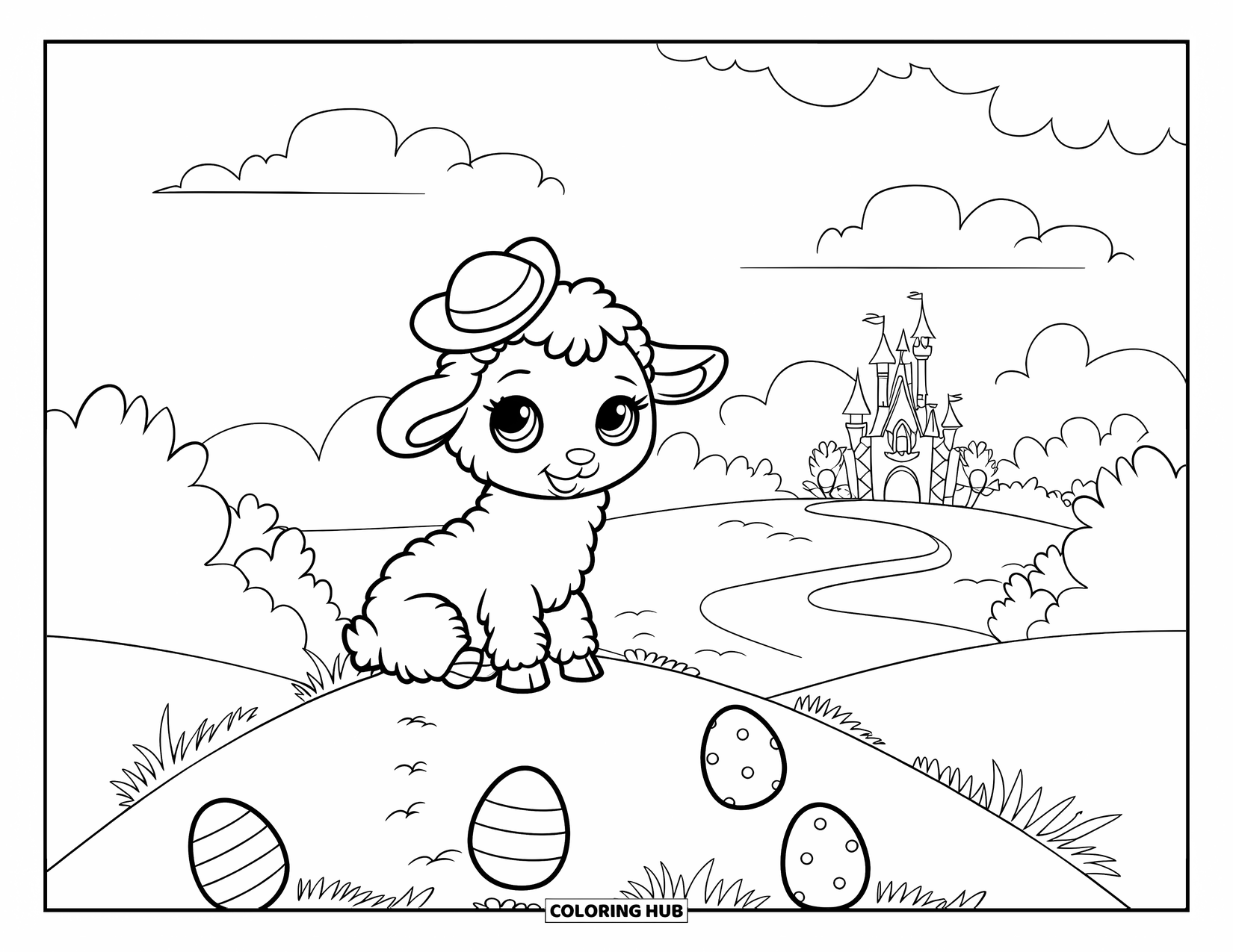 Kolorowanka Wielkanocna dla dzieci: Owieczka w małym kapeluszu siedzi na wzgórzu z jajkami, zamkiem i drzewami w tle