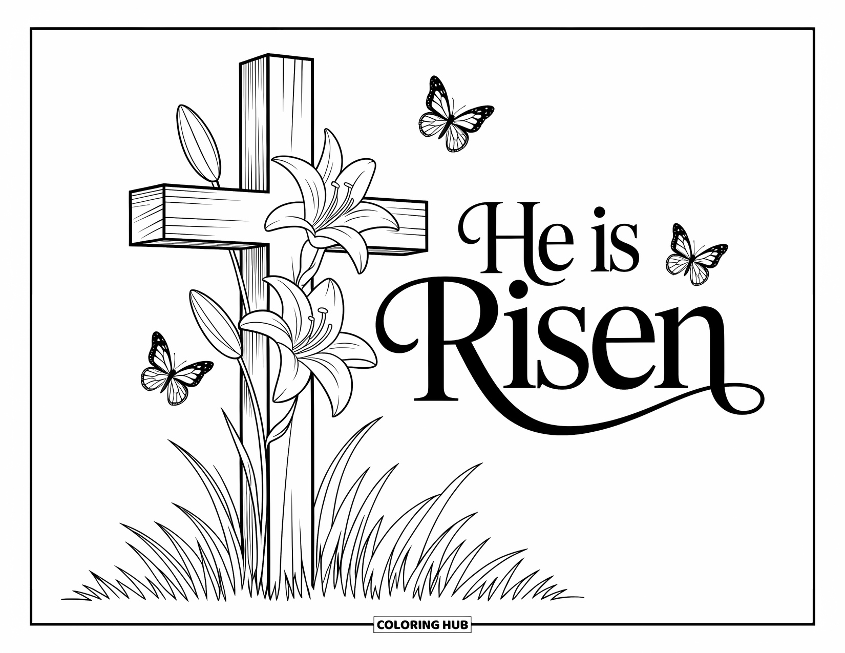 Kolorowanka Wielkanocna dla dzieci: Duży krzyż ozdobiony kwitnącymi liliami wielkanocnymi, z trzepoczącymi motylami i napisem "He is Risen" powyżej