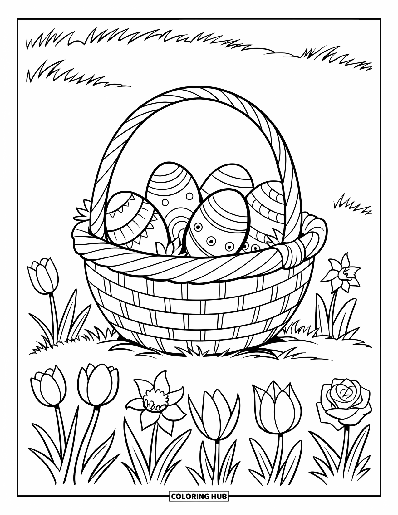 Kolorowanka wielkanocna dla dzieci: Duży koszyk wielkanocny wypełniony jajkami stoi na wiosennej łące pełnej kolorowych kwiatów