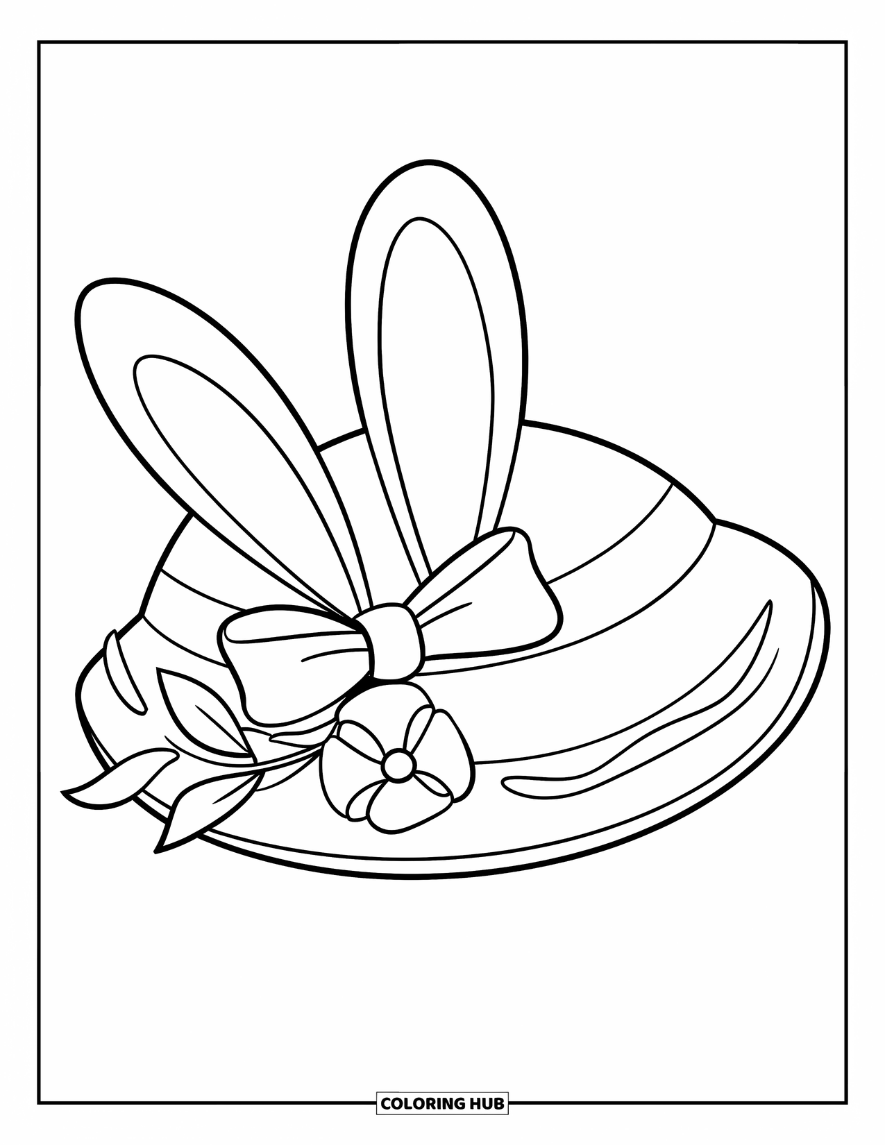 Kolorowanka wielkanocna dla dzieci: Duży kapelusz wielkanocny z kokardą i kwiatową dekoracją na prostym tle