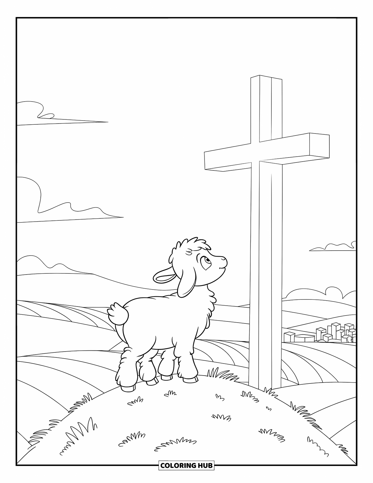 Kolorowanka Wielkanocna dla dzieci: Mała owieczka stoi na wzgórzu, wpatrując się w świecący krzyż w oddali