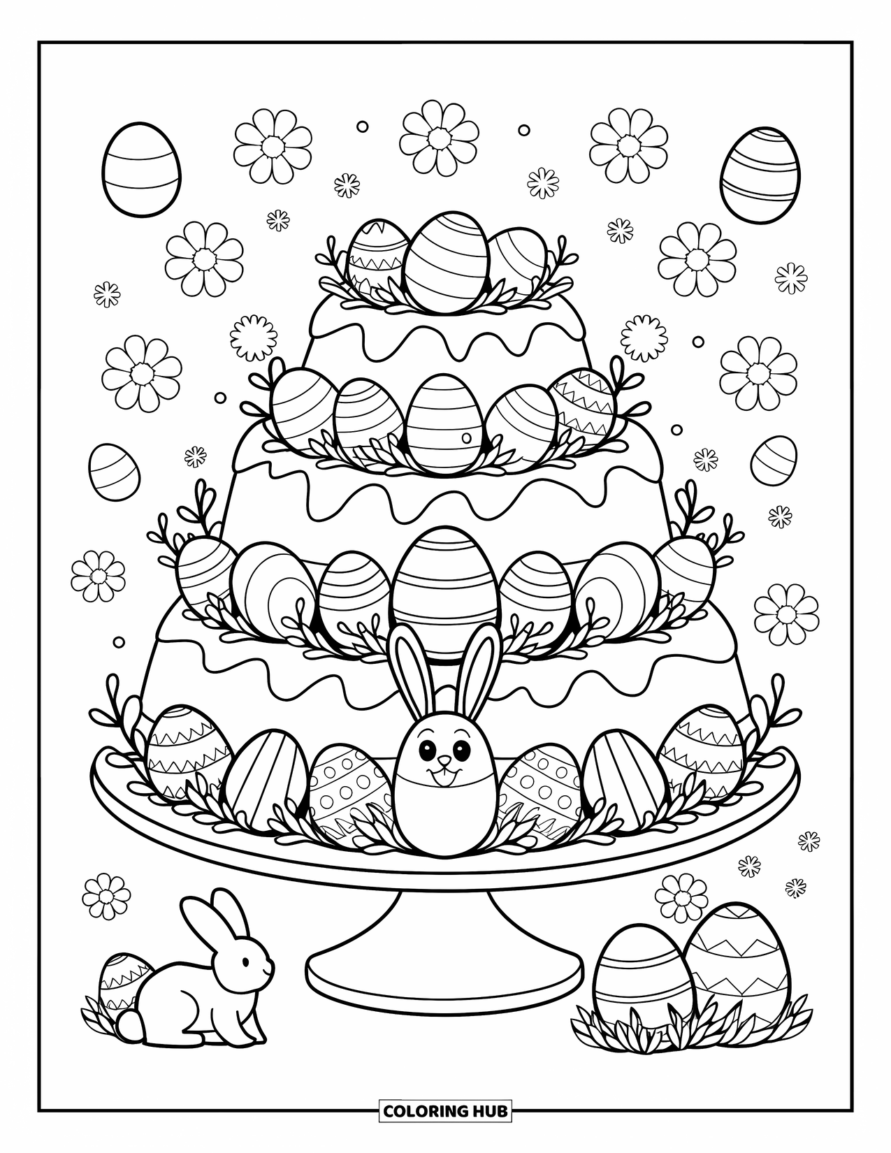 Kolorowanka Wielkanocna dla dzieci: Wielowarstwowy tort wielkanocny ozdobiony małymi jajkami, króliczkiem i kwitnącymi wiosennymi kwiatami