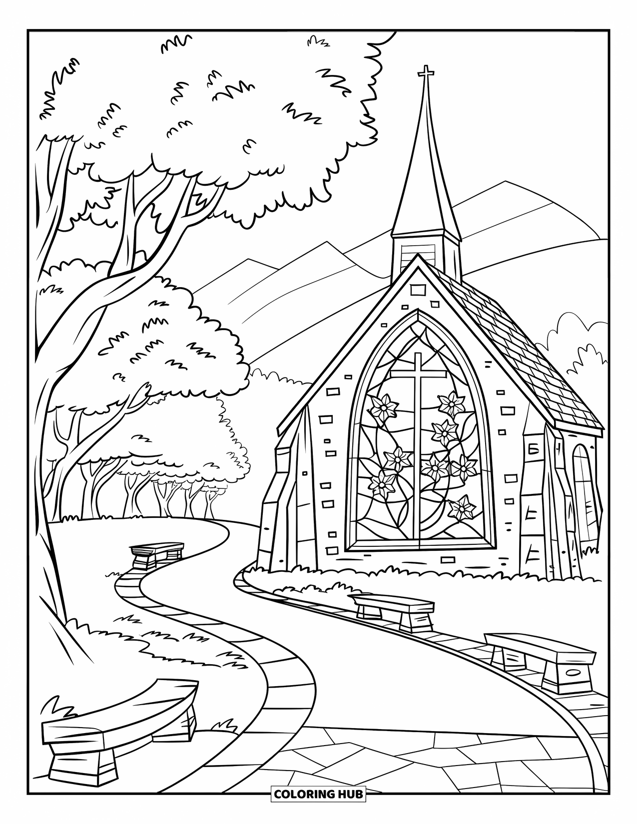 Kolorowanka Wielkanocna dla dzieci: Spokojny kościół z witrażem stoi na końcu rustykalnej, obsadzonej drzewami ścieżki