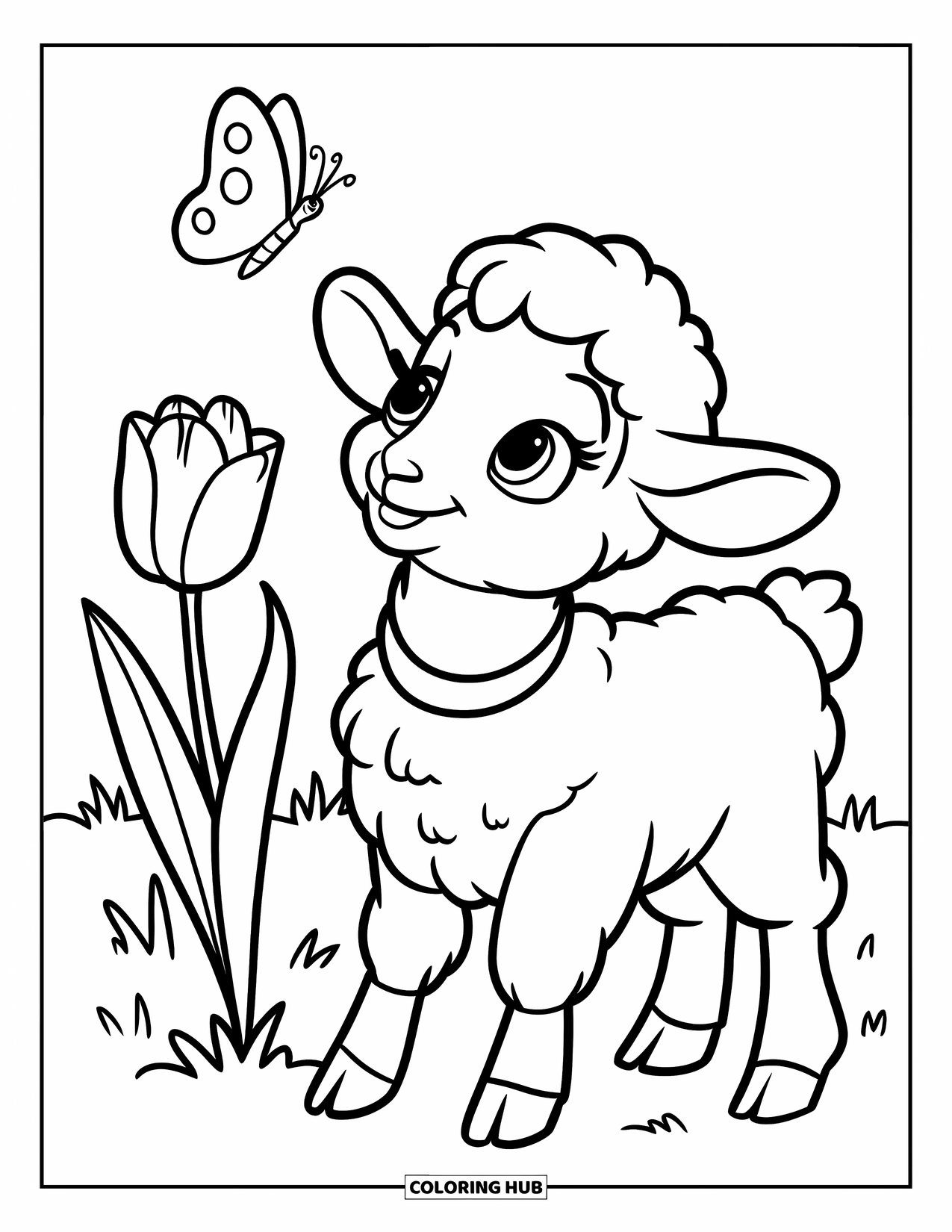 Kolorowanka Wielkanocna dla dzieci: Figlarna owieczka stoi obok tulipana, patrząc na motyla na trawiastym polu