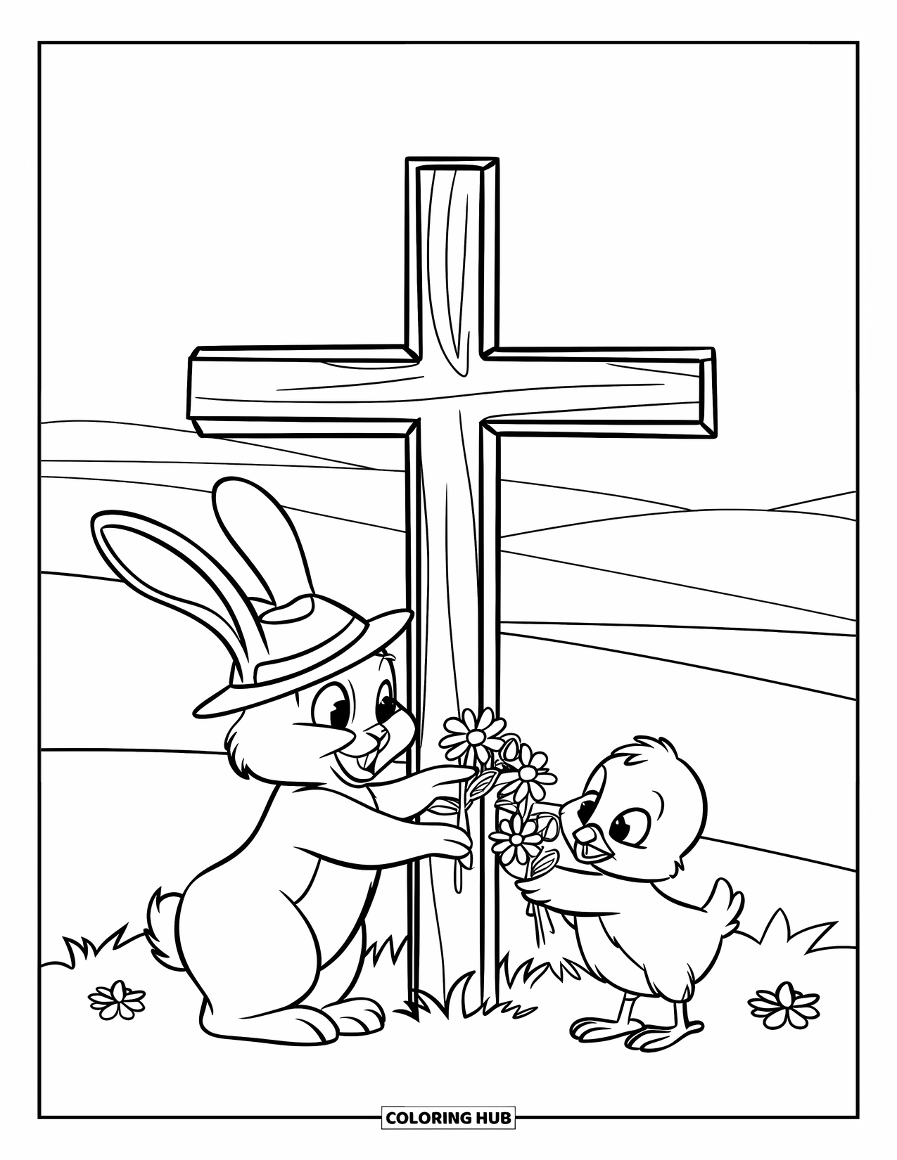 Kolorowanka Wielkanocna dla dzieci: Królik i kurczak umieszczają kwiaty u podstawy drewnianego krzyża, w spokojnym krajobrazie