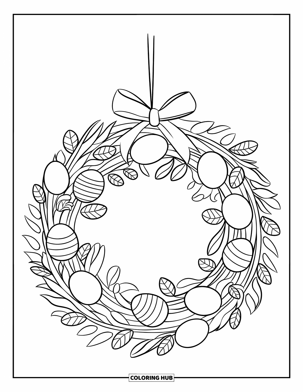 Kolorowanka wielkanocna dla dzieci: Okrągły wieniec wielkanocny wykonany z gałązek, liści i maleńkich jajek wisi pośrodku z wyraźnymi konturami