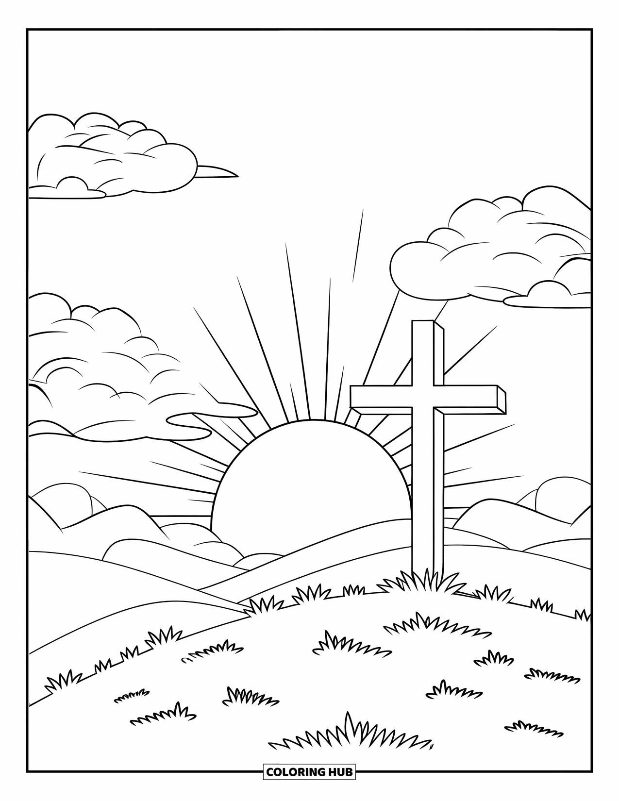 Kolorowanka wielkanocna dla dzieci: Spokojny krzyż na szczycie wzgórza ze wschodem słońca, otoczony trawą i niebem wypełnionym miękkimi chmurami