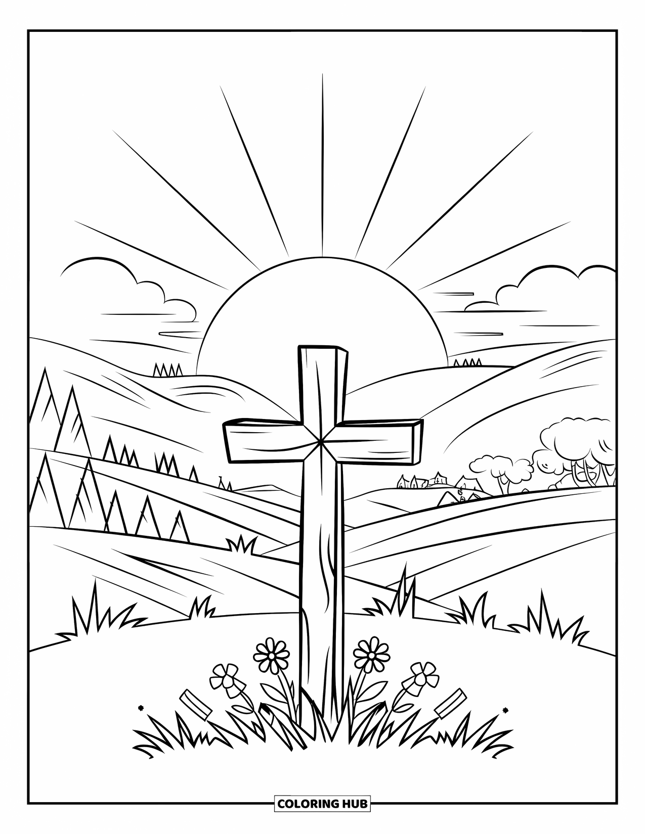 Kolorowanka Wielkanocna dla dzieci: Spokojny wschód słońca nad pagórkami, z drewnianym krzyżem stojącym wśród kwitnących kwiatów wielkanocnych