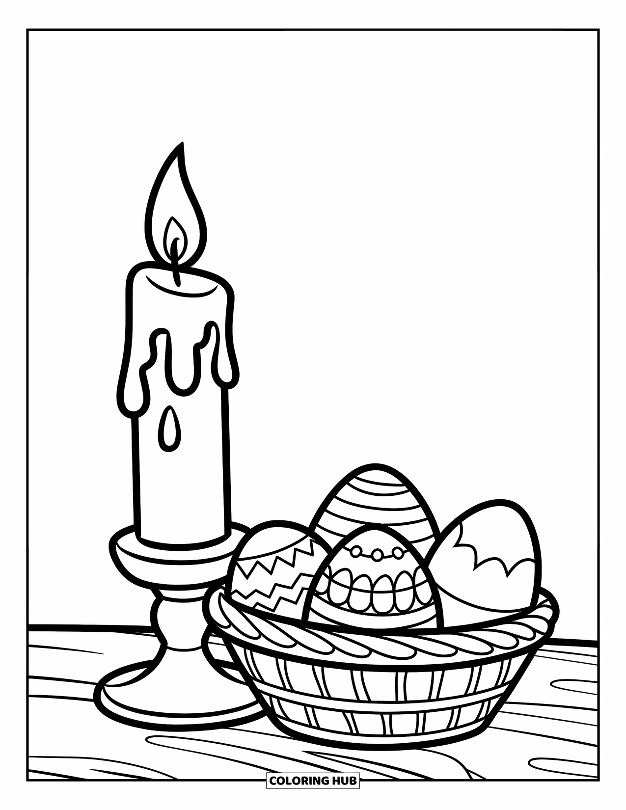 Kolorowanka Wielkanocna dla dzieci: Prosta świeca z kapiącym woskiem siedzi obok koszyka z jajkami na stole z czystymi konturami