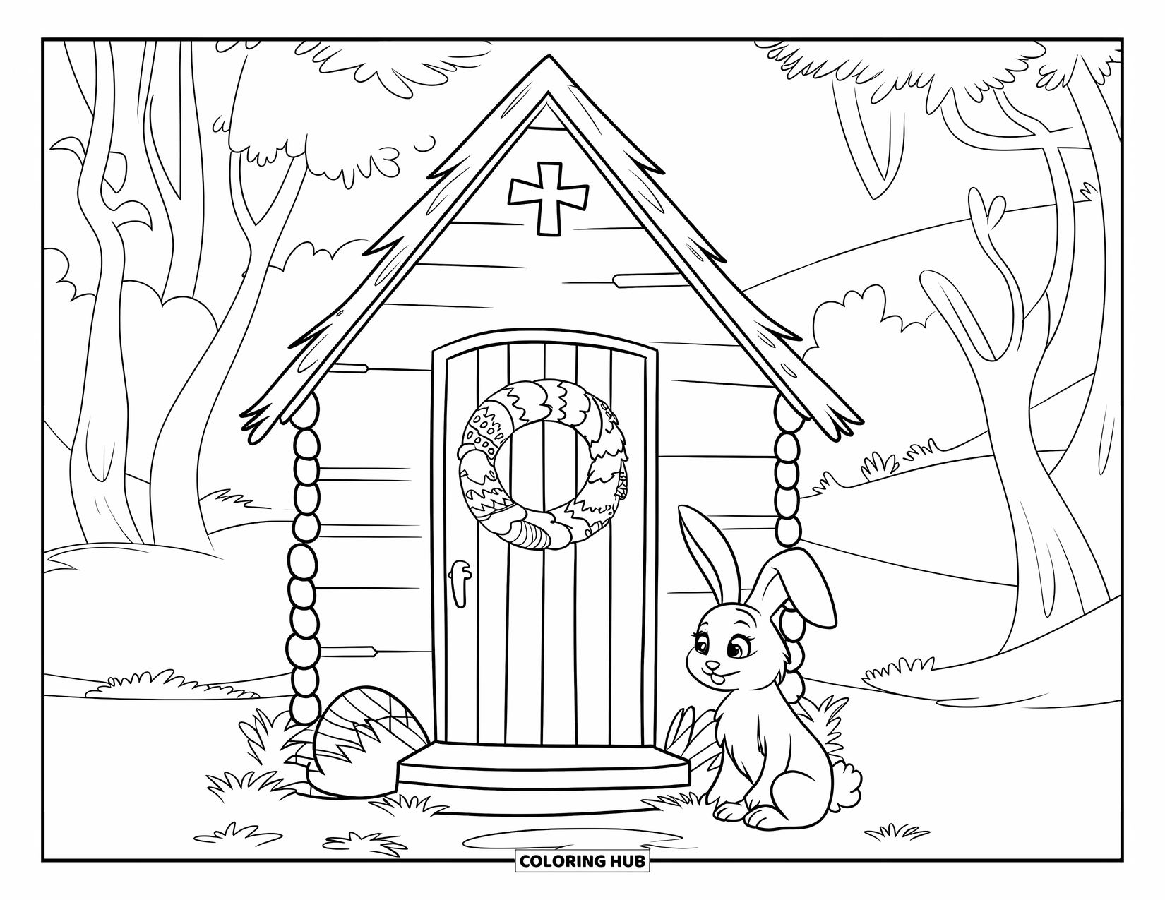 Kolorowanka wielkanocna dla dzieci: Prosty drewniany kościół z wieńcem wielkanocnym na drzwiach, a w pobliżu siedzi króliczek