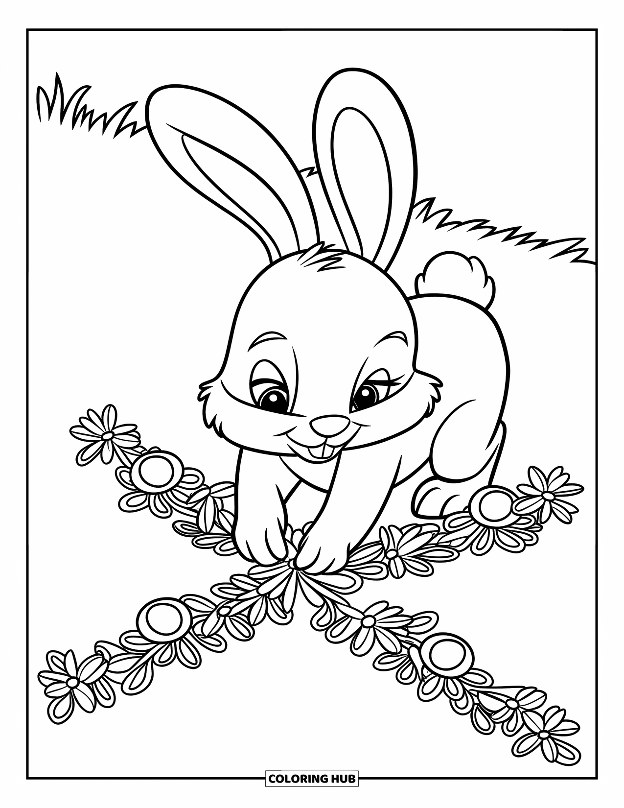 Kolorowanka Wielkanocna dla dzieci: Mały króliczek układa kwiaty w kształt krzyża, otoczony bujnym polem kwiatów