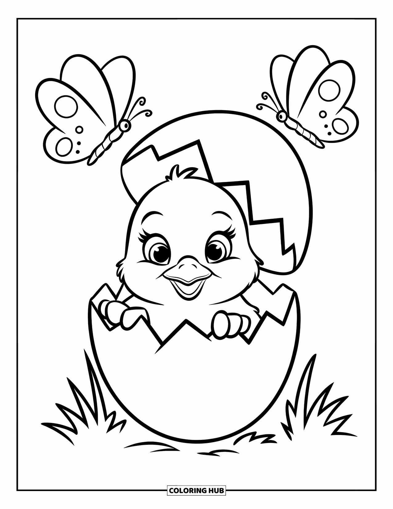 Kolorowanka Wielkanocna dla dzieci: Małe kurczątko wygląda z pękniętego jajka, z dwoma motylami unoszącymi się w pobliżu