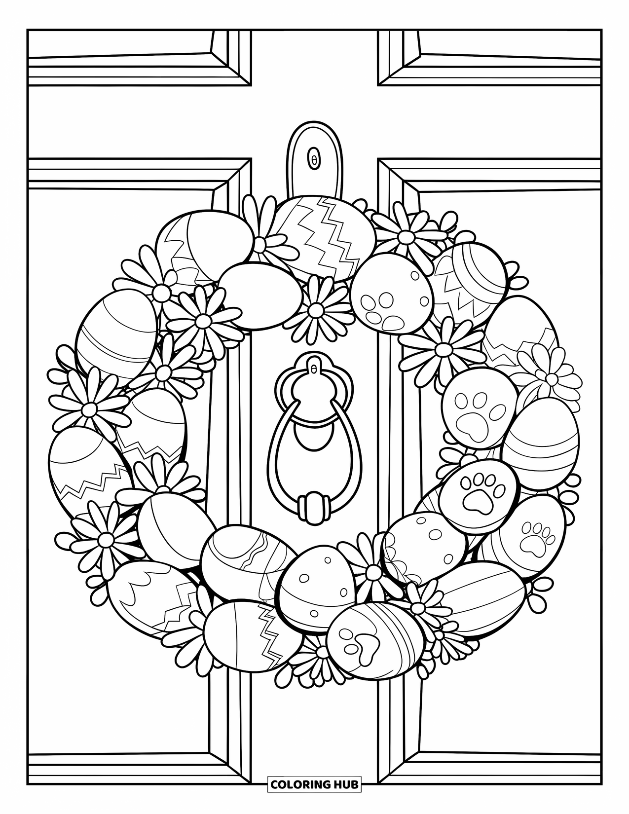 Kolorowanka wielkanocna dla dzieci: Mały wieniec wielkanocny z kwiatami, jajkami i odciskami króliczych łap wisi na drzwiach z kołatką