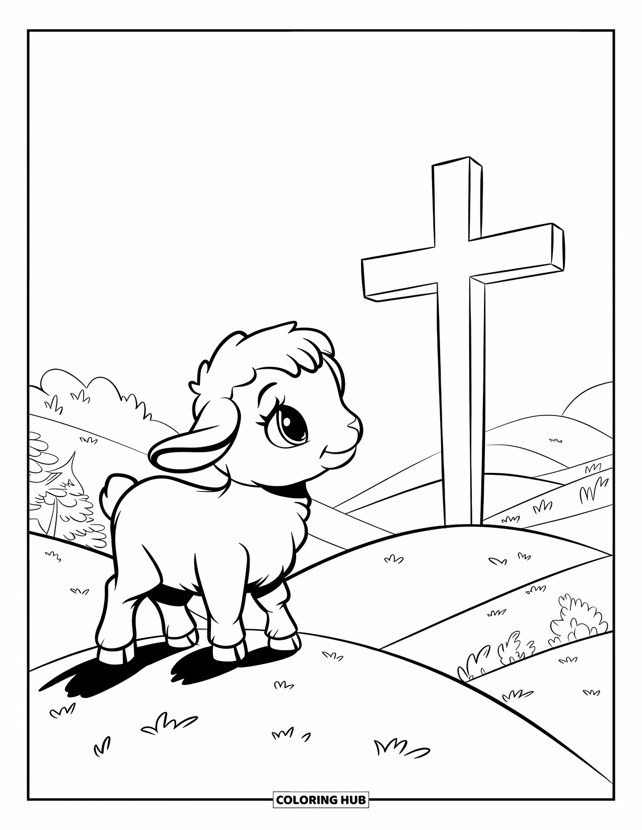 Kolorowanka Wielkanocna dla dzieci: Mała owieczka stoi na wzgórzu, obserwując świecący krzyż wśród pagórków i drzew