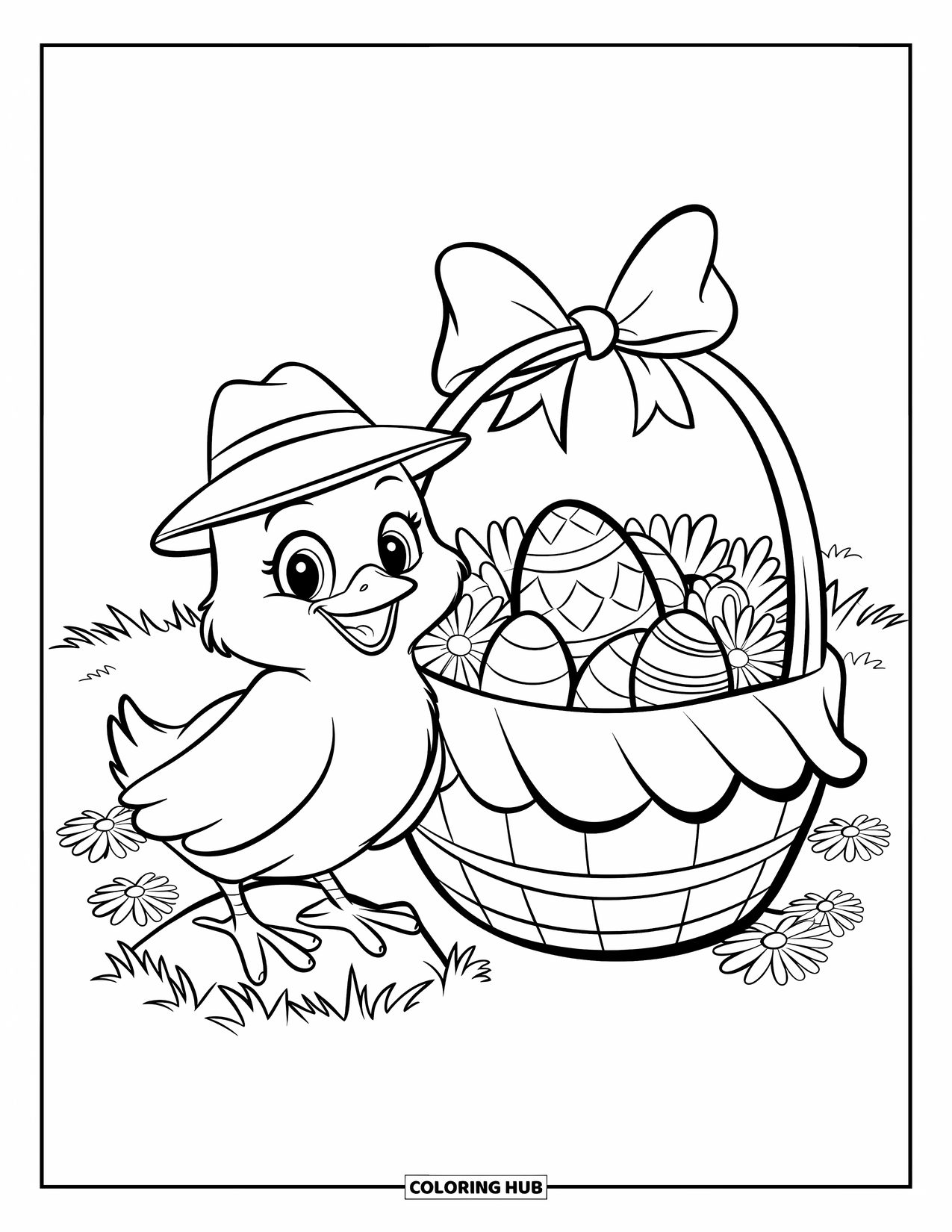 Kolorowanka Wielkanocna dla dzieci: Uśmiechnięte kurczątko w małym kapeluszu stoi na kamieniu obok koszyka wielkanocnego pełnego smakołyków