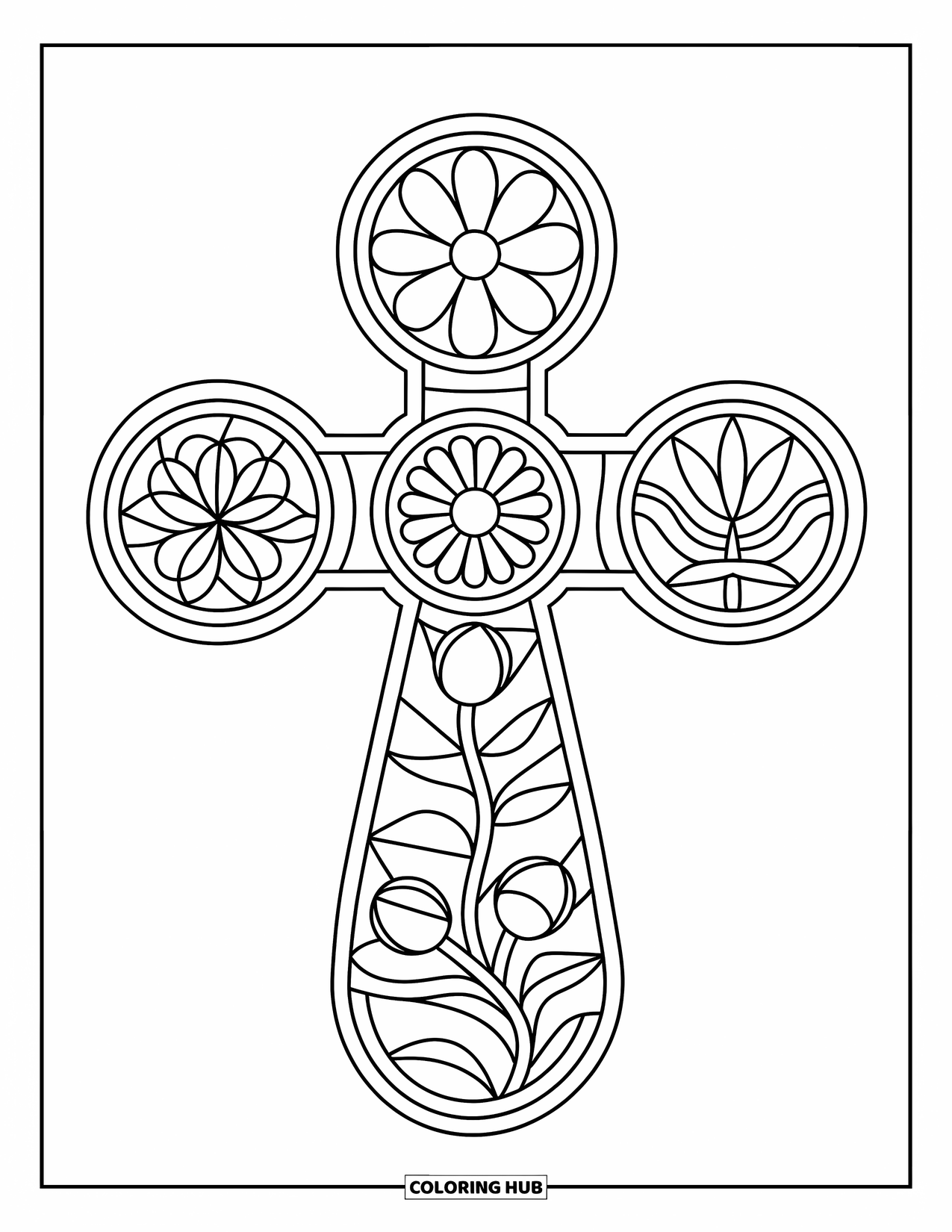 Kolorowanka wielkanocna dla dzieci: Witrażowy krzyż wielkanocny z kwiatowymi wzorami, z połączonymi okręgami z unikalnymi wzorami kwiatowymi