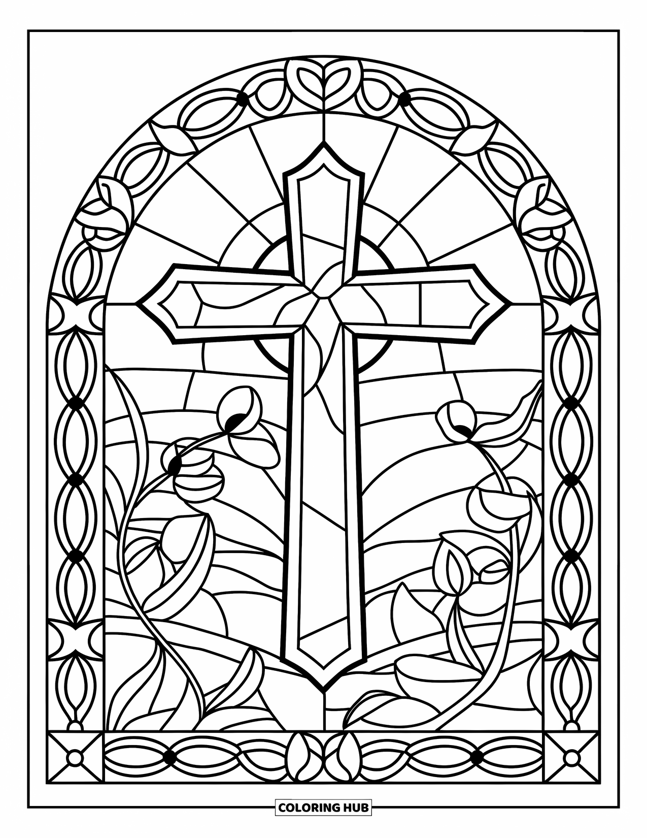 Kolorowanka Wielkanocna dla dzieci: Witrażowy krzyż wielkanocny ze skomplikowanym kwiatowym obramowaniem, zaprojektowany z wyraźnymi, czystymi konturami