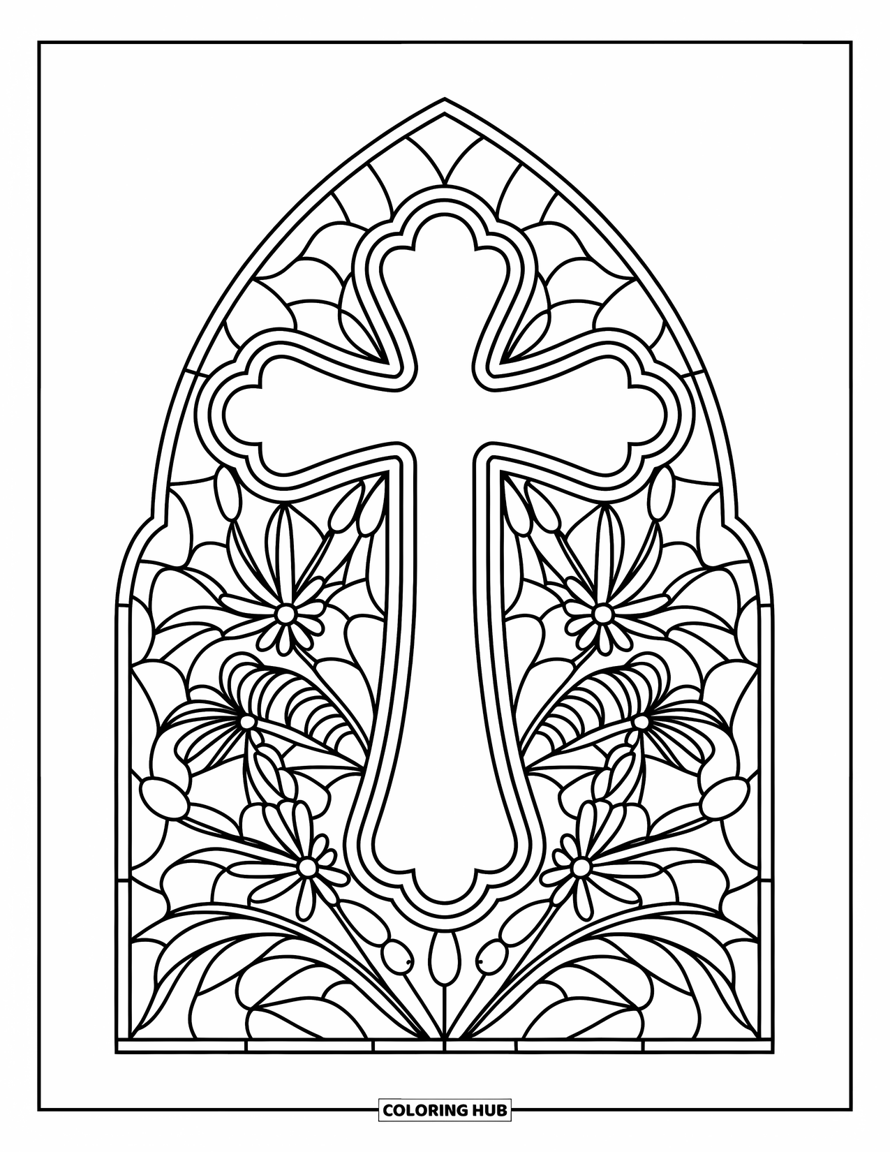 Kolorowanka Wielkanocna dla dzieci: Witrażowy krzyż wielkanocny z kwiatowymi detalami, otoczony wyrazistymi, skomplikowanymi wzorami
