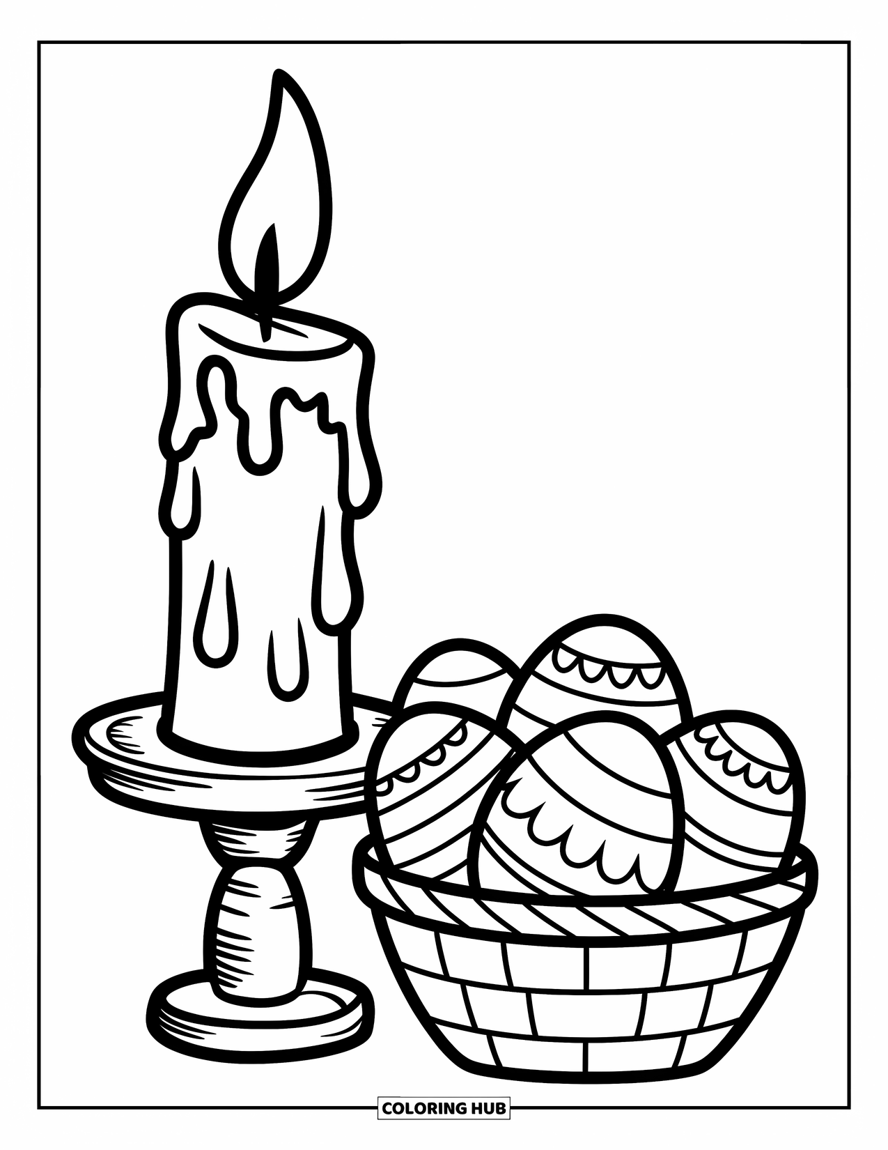 Kolorowanka Wielkanocna dla dzieci: Wysoka świeca z kapiącym woskiem stoi obok koszyka z uroczymi jajkami wielkanocnymi na drewnianym stojaku