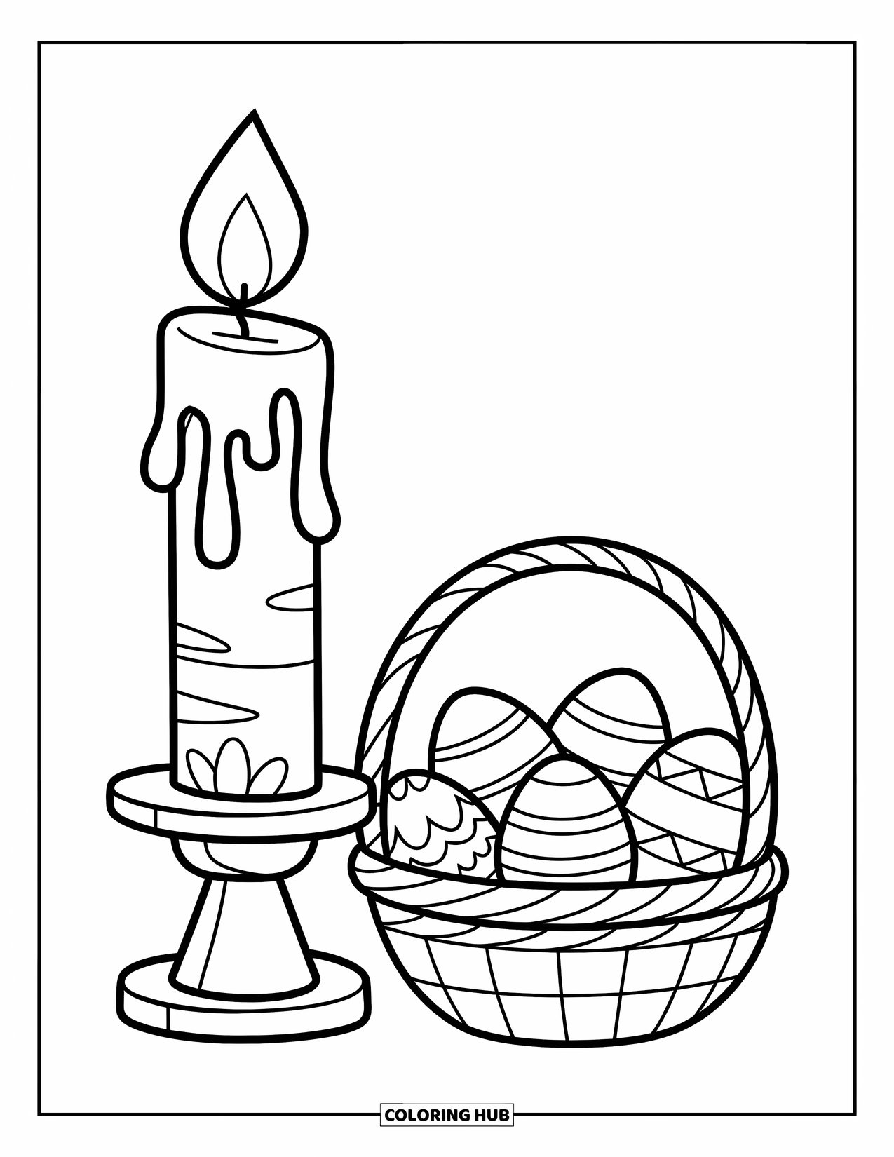 Kolorowanka Wielkanocna dla dzieci: Wysoka świeca z kapiącym woskiem stoi obok koszyka wypełnionego ozdobionymi jajkami wielkanocnymi na stojaku