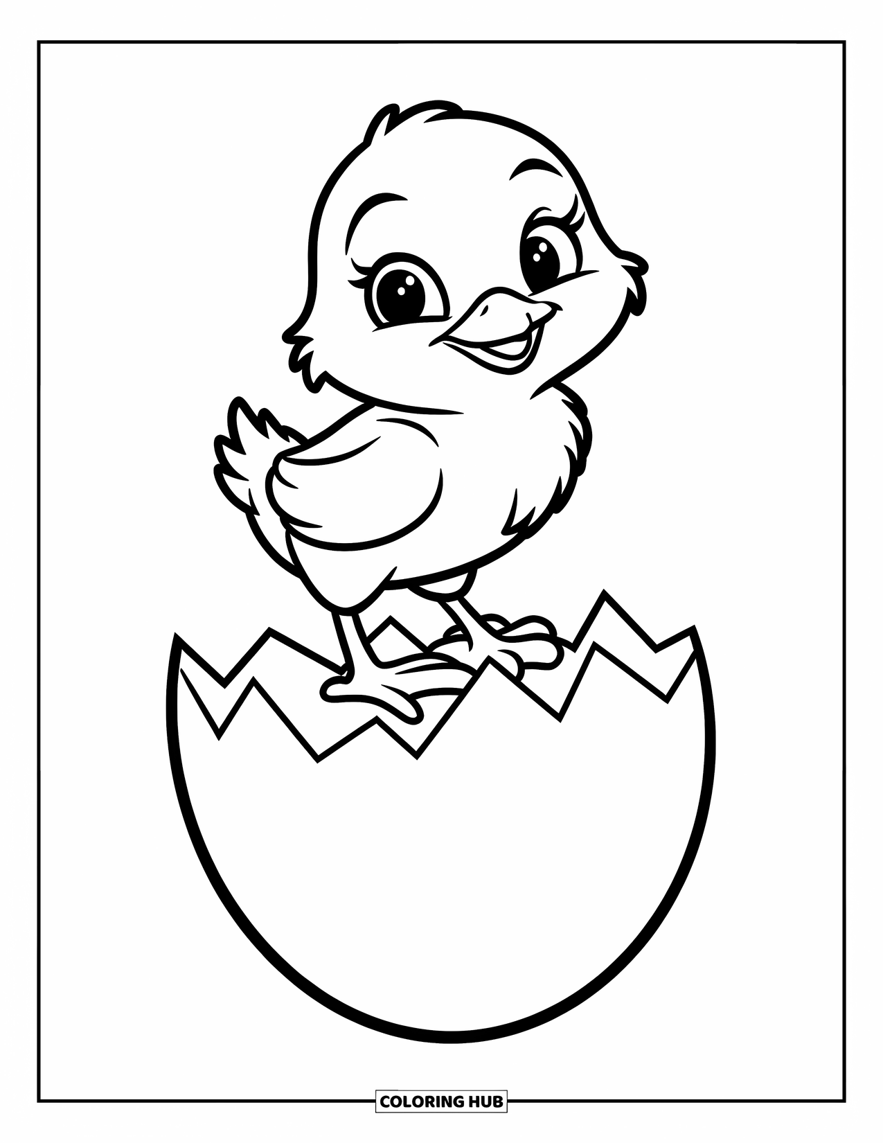 Kolorowanka Wielkanocna dla dzieci: Maleńkie kurczątko z ciekawskim wyrazem twarzy stoi na szczycie gigantycznego jajka