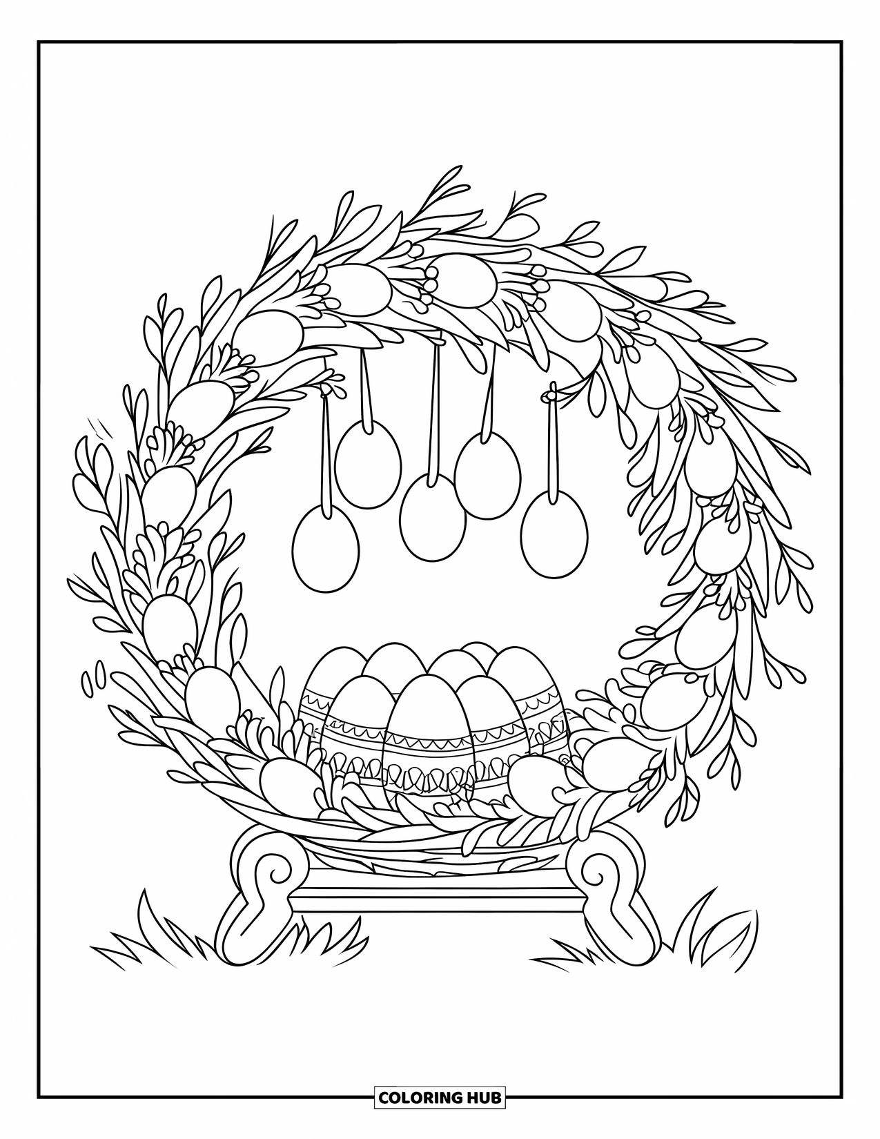 Kolorowanka wielkanocna dla dzieci: Wieniec wielkanocny z gałązek i liści wisi na drewnianym stojaku, a pod nim umieszczono koszyk z jajkami
