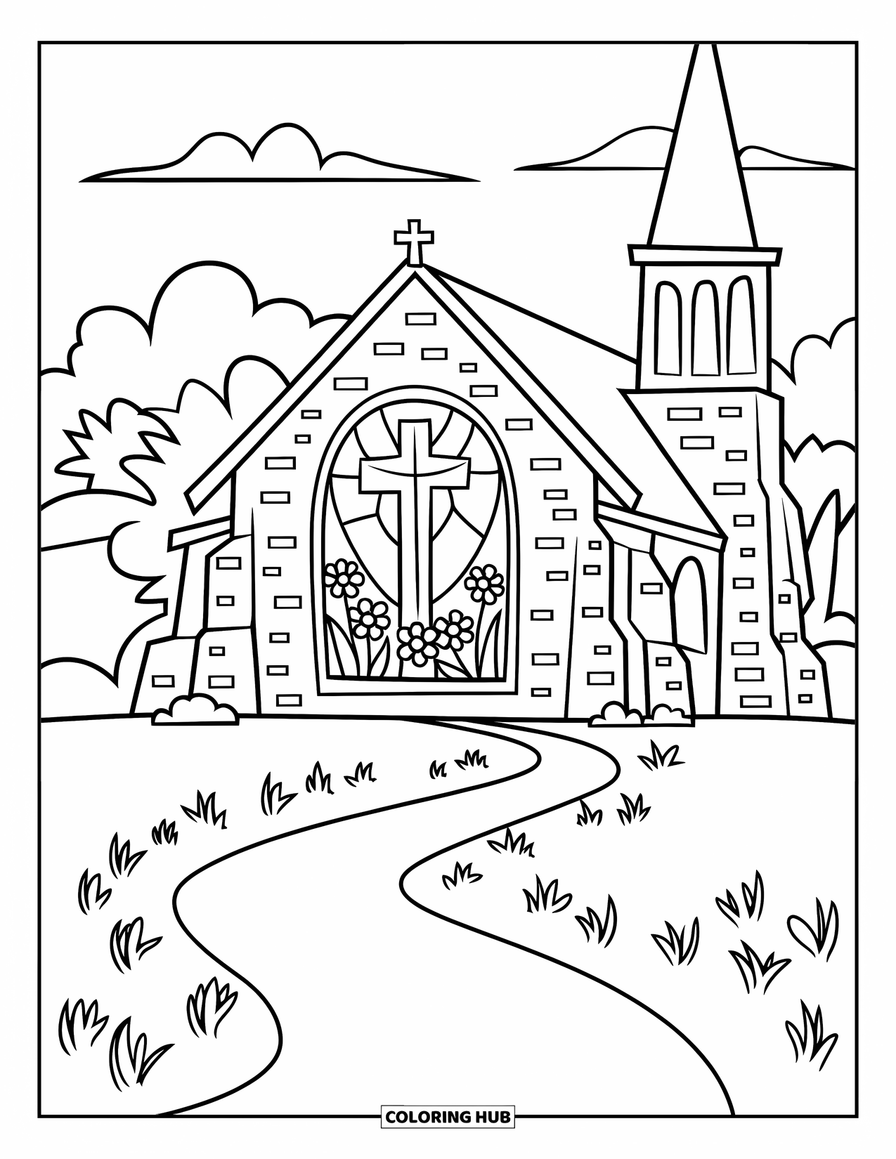 Kolorowanka Wielkanocna dla dzieci: Kręta ścieżka prowadzi do pięknego kościoła z dużym witrażem przedstawiającym krzyż